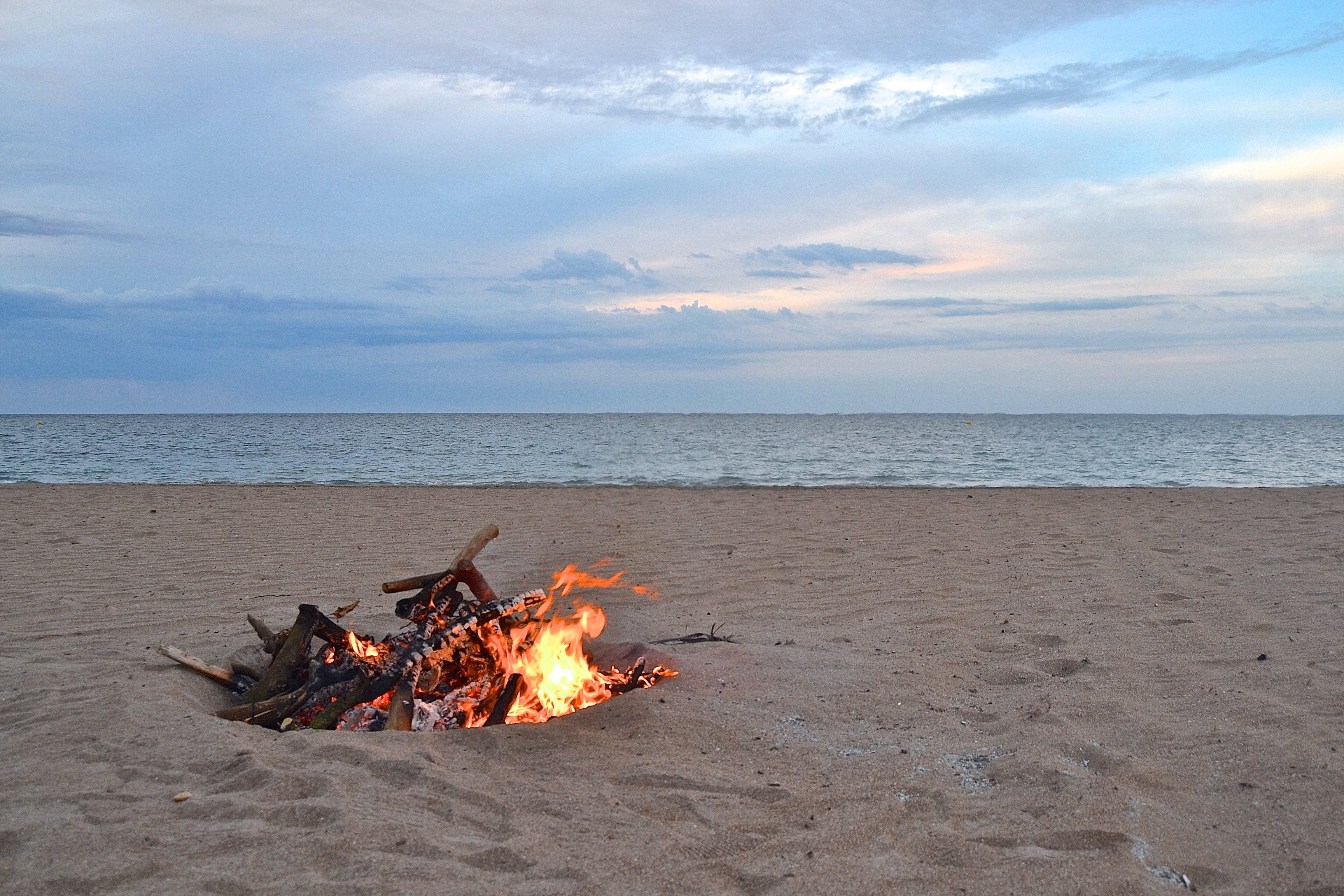 firewood burned, San Juan, water, heat - Temperature, beside, nature, campfire, wood, Flames, land, trip, vacations, summer solstice, burning, fire, holiday, HD Wallpaper