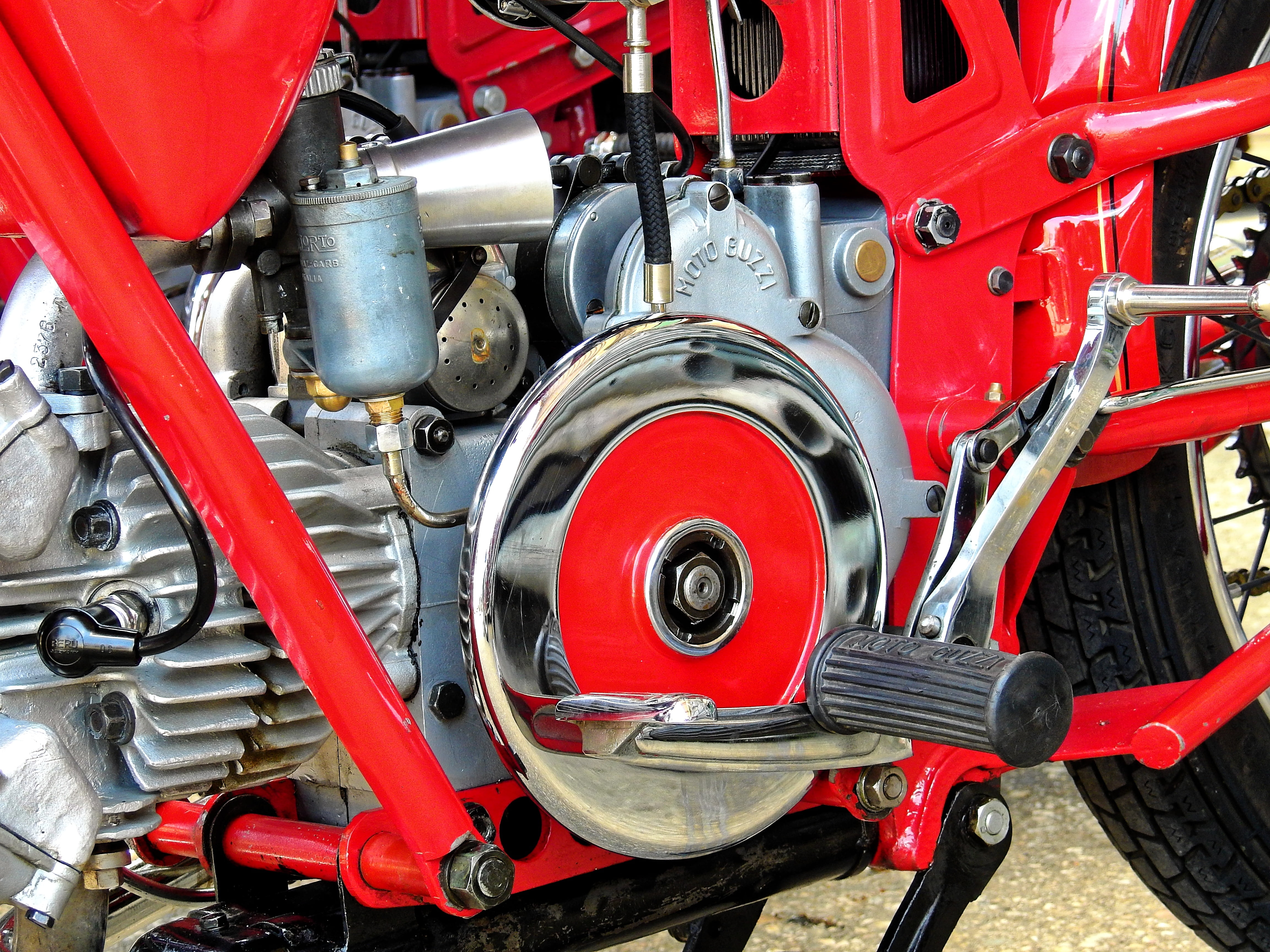 motorcycle, stationary, mode of transportation, travel, industry, vehicle part, machinery, antique, red, machine part, day, metal, oldtimer, engine, past, HD Wallpaper