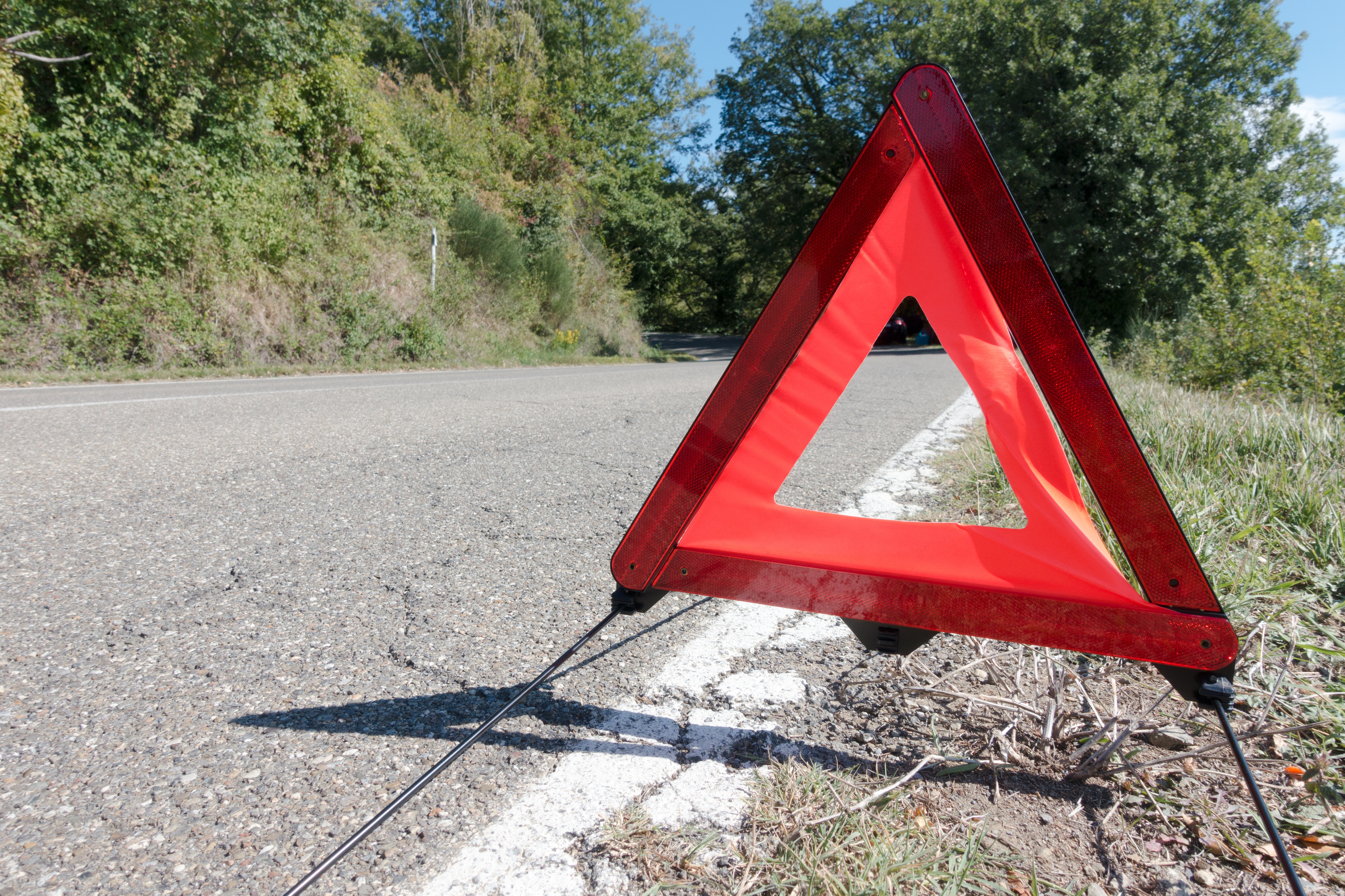 broken, road, shape, damaged, sign, plant, red, outdoors, tree, hard shoulder, warning triangle, hazard, triangle shape, sunlight, dare, car, used, no people, HD Wallpaper