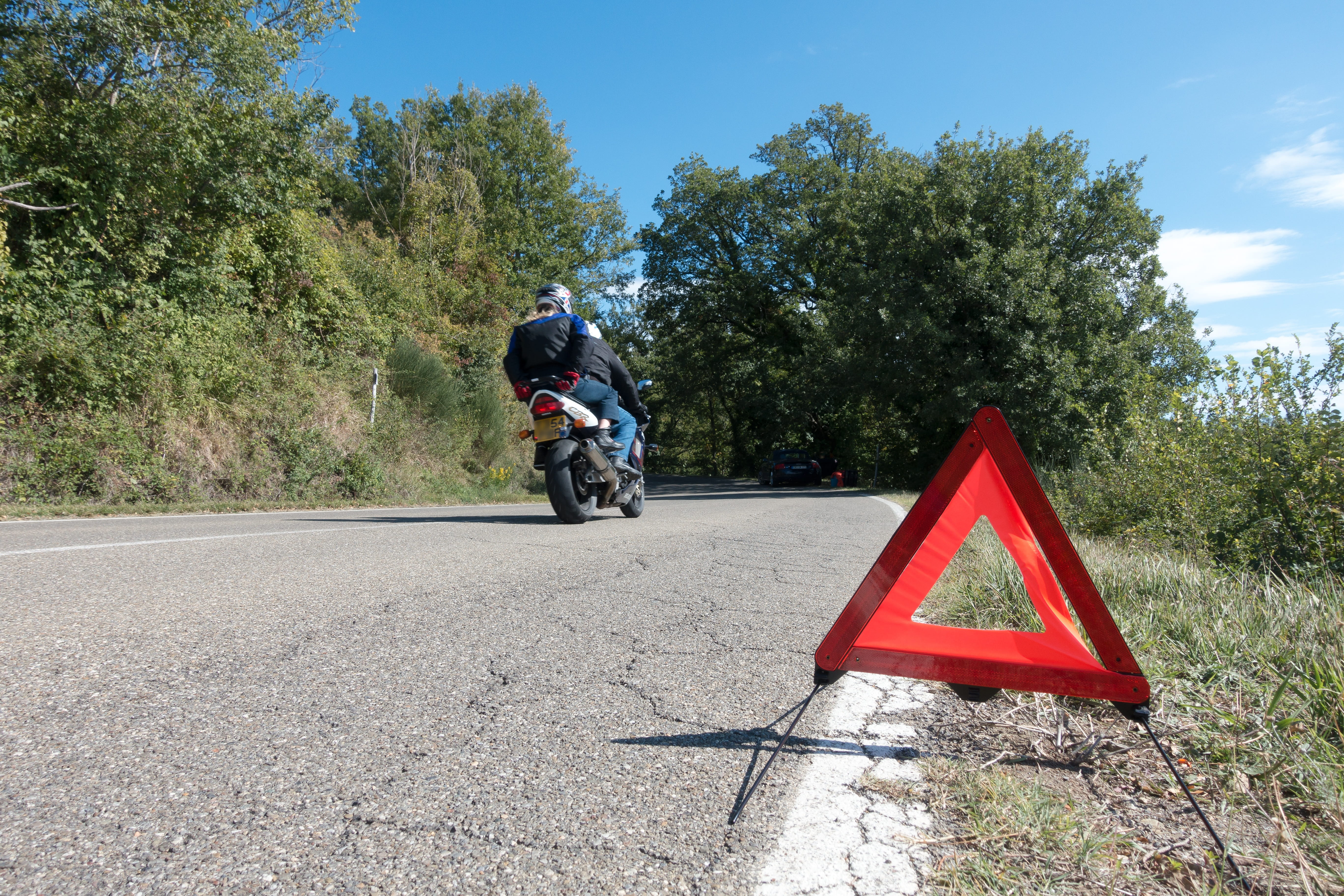motorcycle, ride, full length, hard shoulder, one person, mode of transportation, Warning, risk, outdoors, transportation, warning Sign, riding, dare, Triangle, HD Wallpaper
