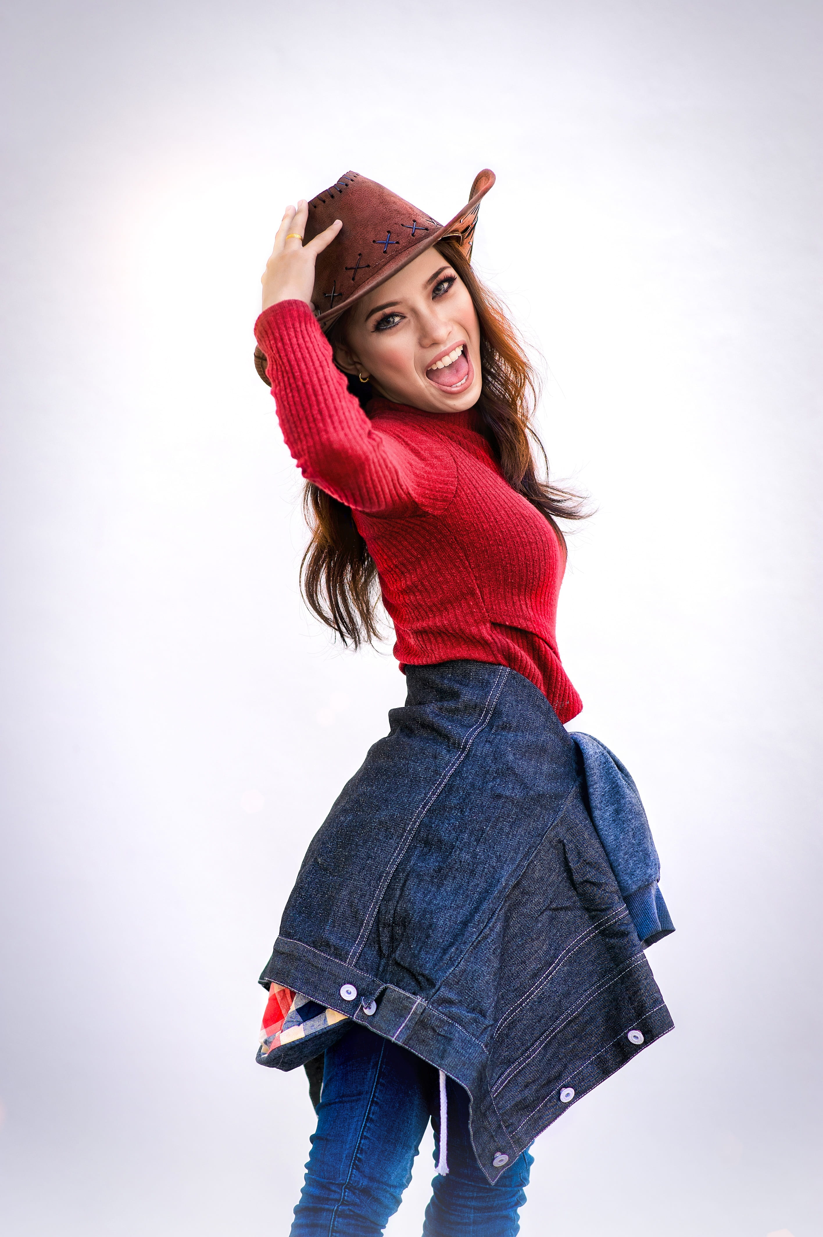 casual clothing, girl, hair, denim, happiness, dress, hairstyle, jeans, positive emotion, photoshoot, leisure activity, one person, 4K, standing, three quarter length, Phone HD Wallpaper