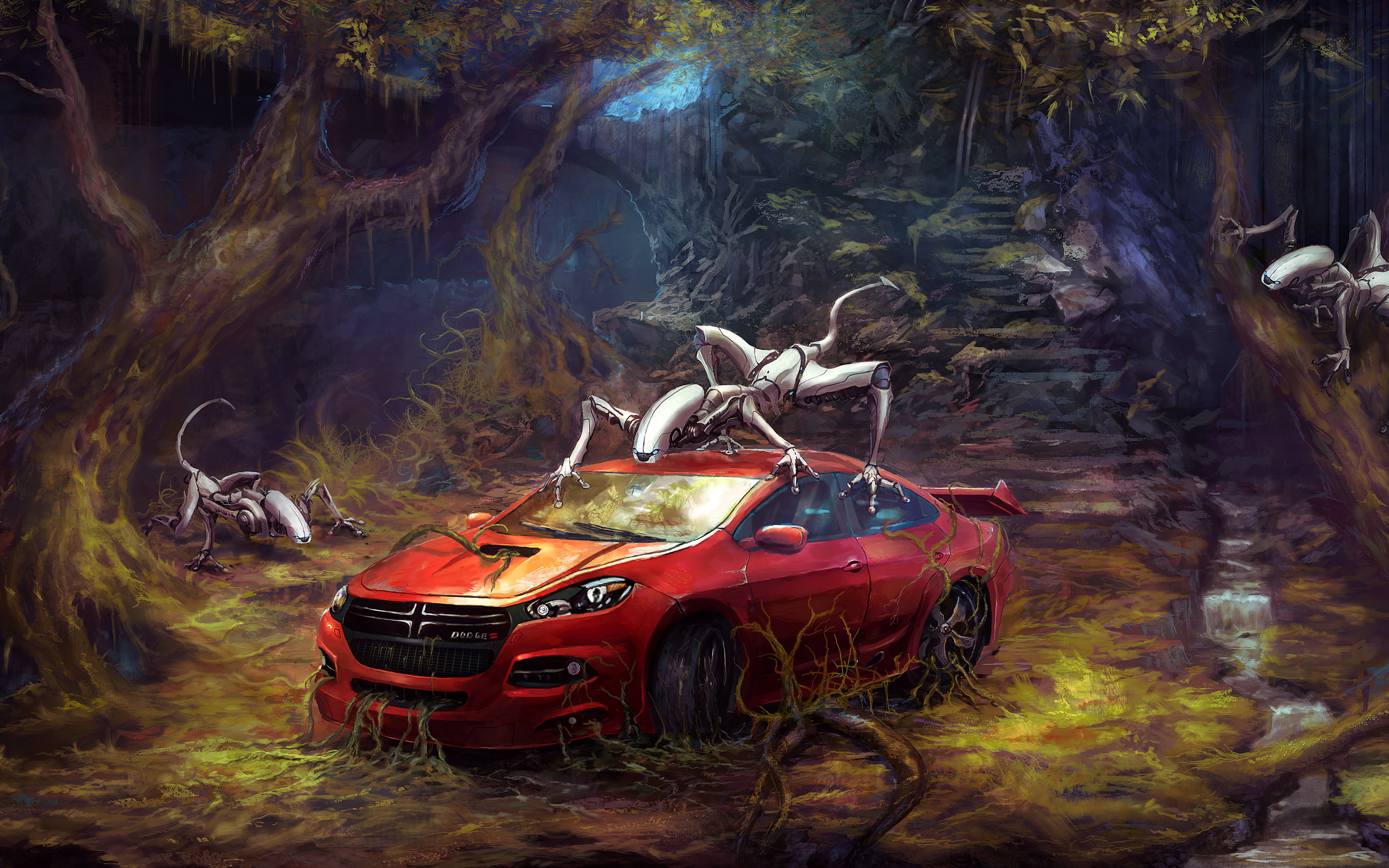 forest, no people, outdoors, 2K, plant, land, Robo, Invasion, abandoned, vintage car, mode of transportation, tree trunk, animal, day, stationary, trunk, HD Wallpaper