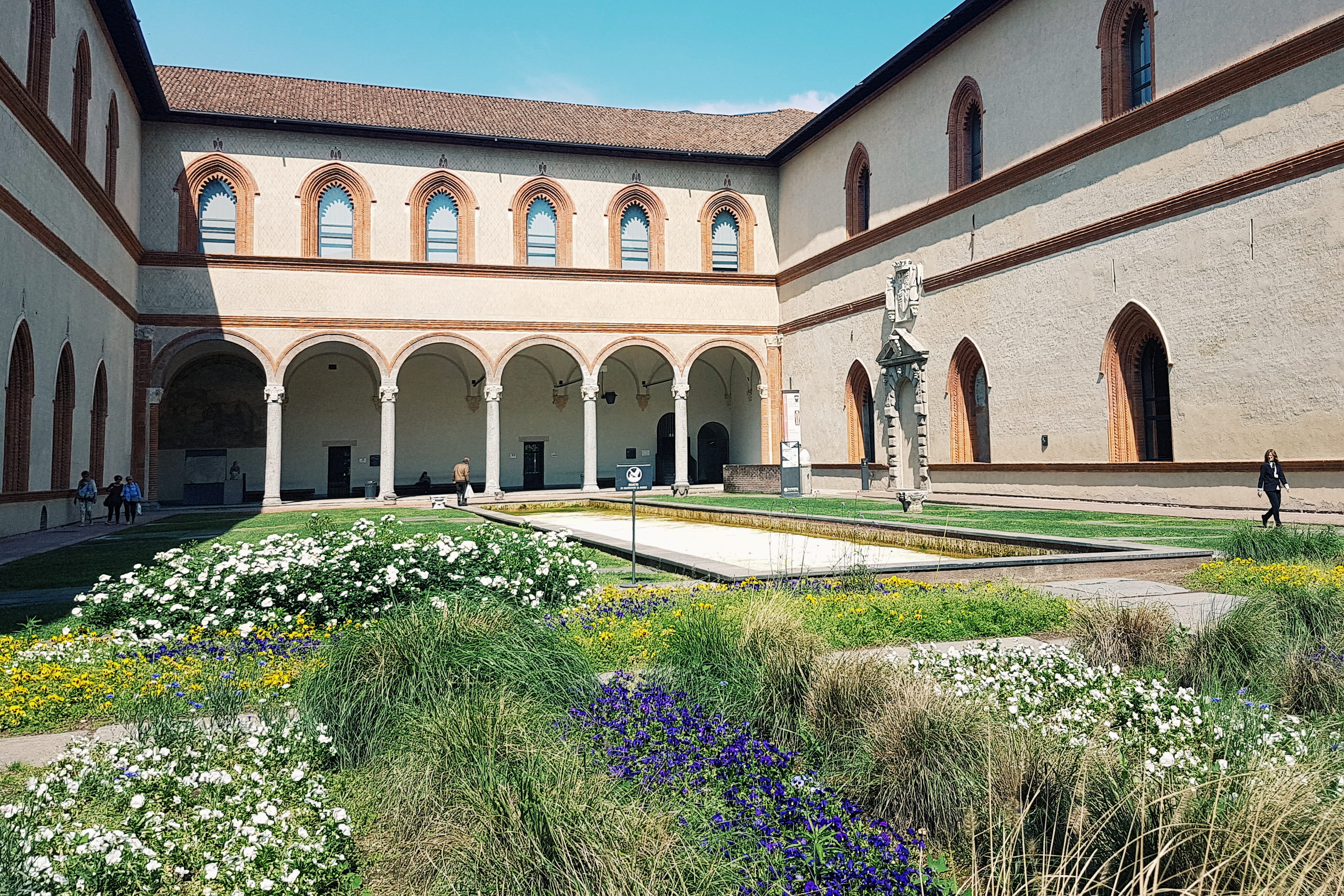 window, castle, history, milano, place of worship, flower, sky, sunlight, architectural column, flowering plant, outdoors, castello sforzesco, arch, grass, HD Wallpaper