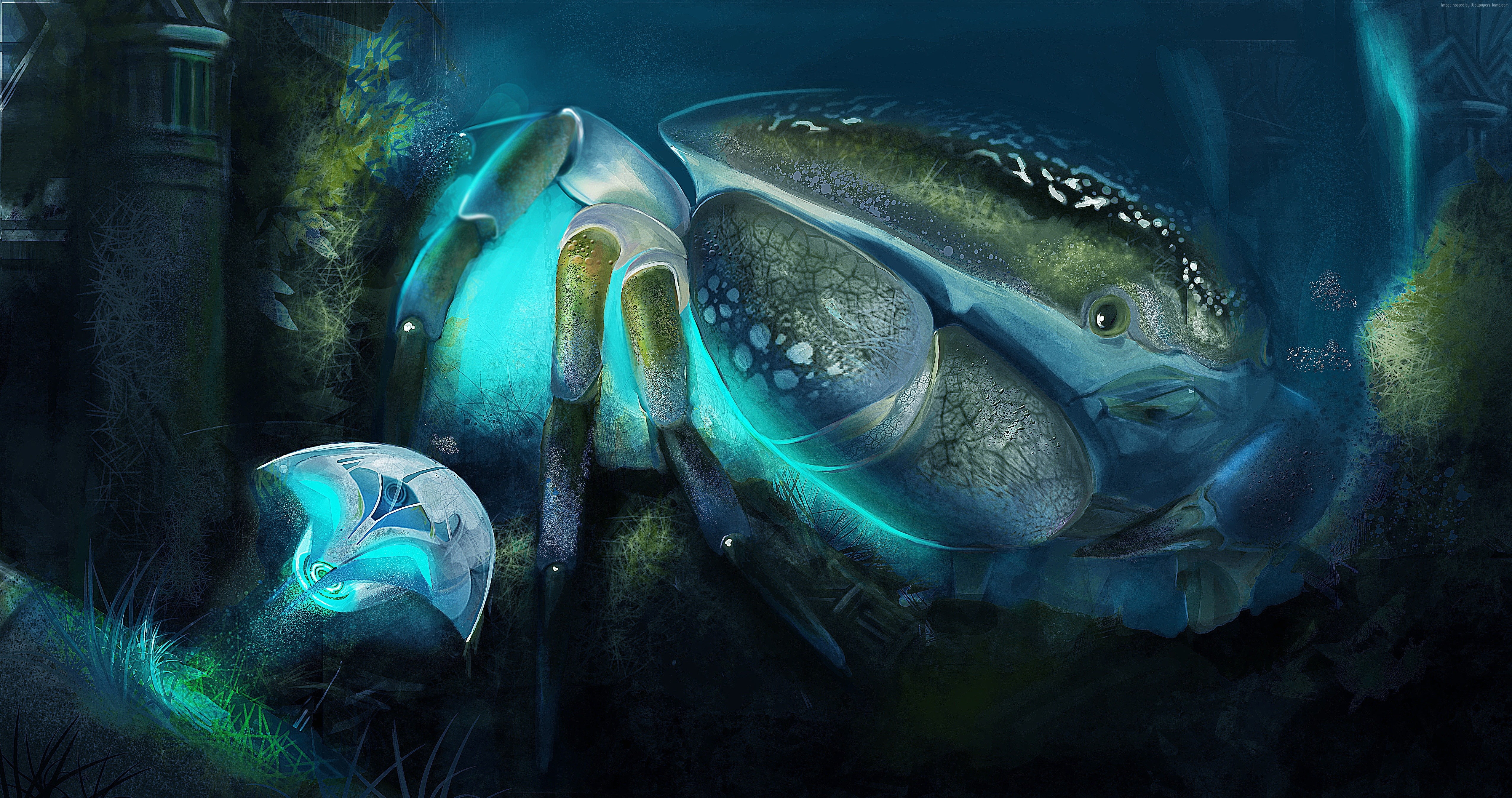 4K, cancer, art, Сrab, water, ocean, blue, sea, Underwater World, HD Wallpaper
