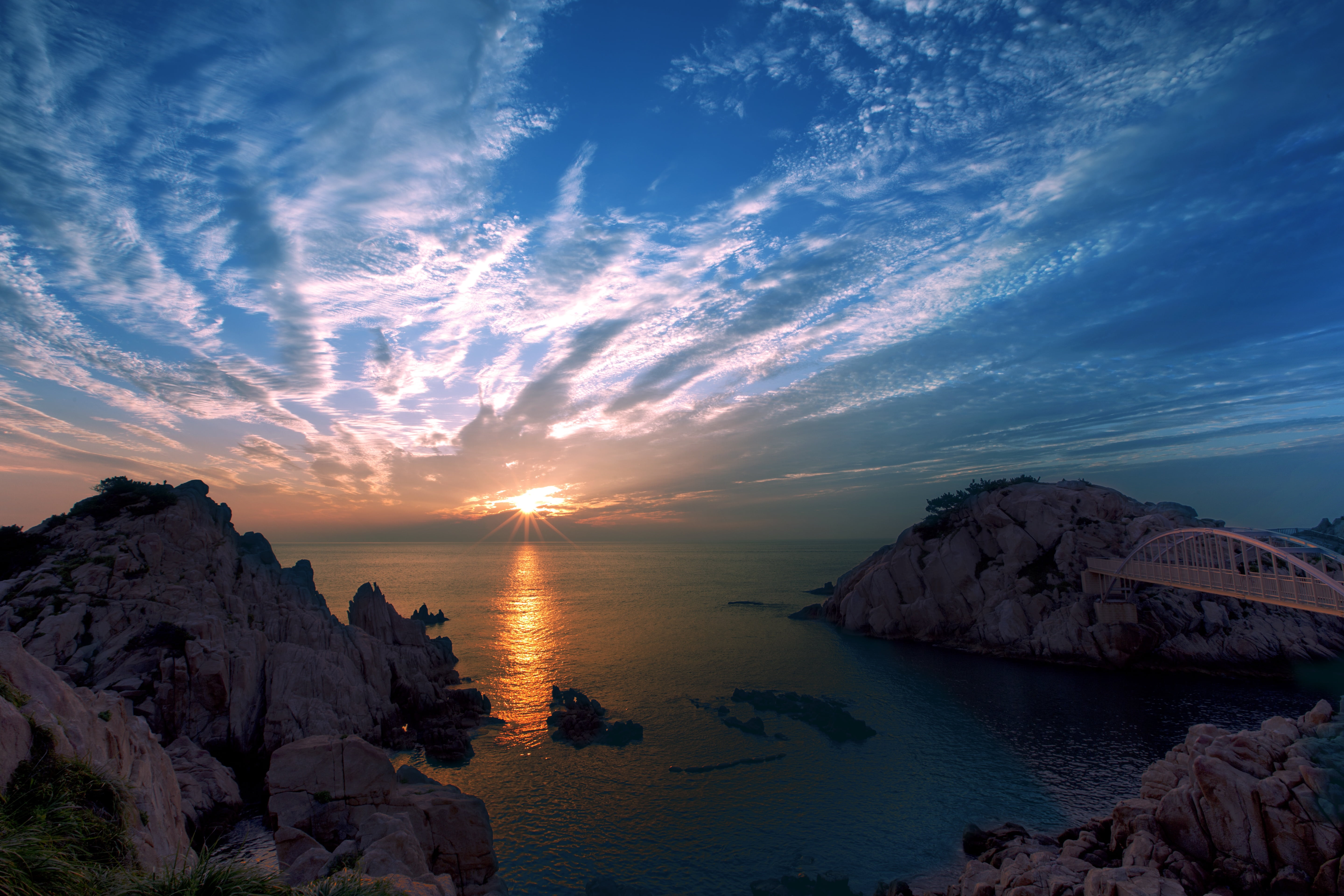 idyllic, hour, no people, water, bridge, tranquility, golden, purple, ulsan, the great cancer, sky, sunrise, beach, rock - Object, near, beauty in nature, HD Wallpaper