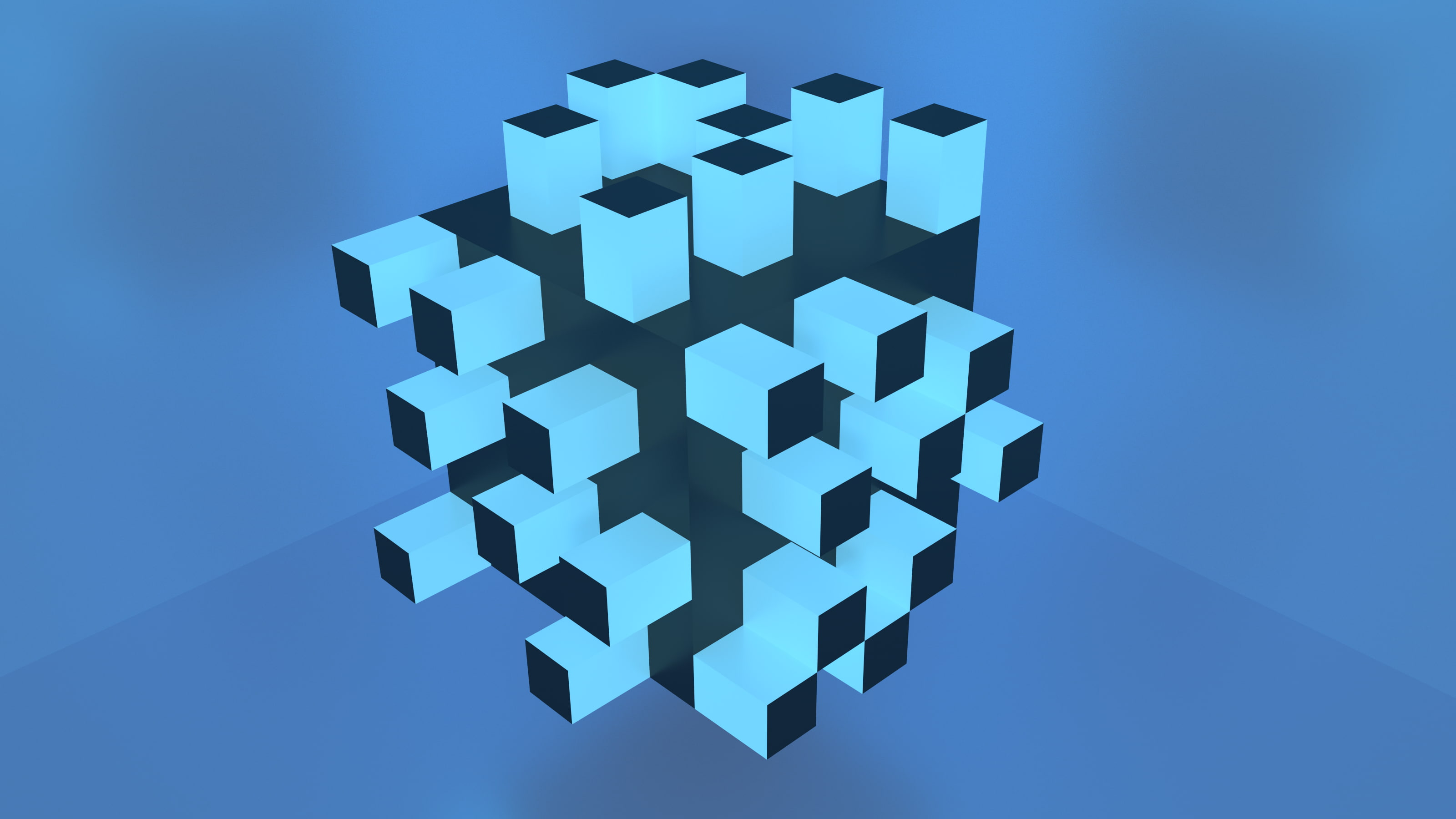 connection, blue background, close-up, indoors, cube, simple background, blue, abstract, 2K, toy, large group of objects, puzzle, still life, jigsaw puzzle, HD Wallpaper