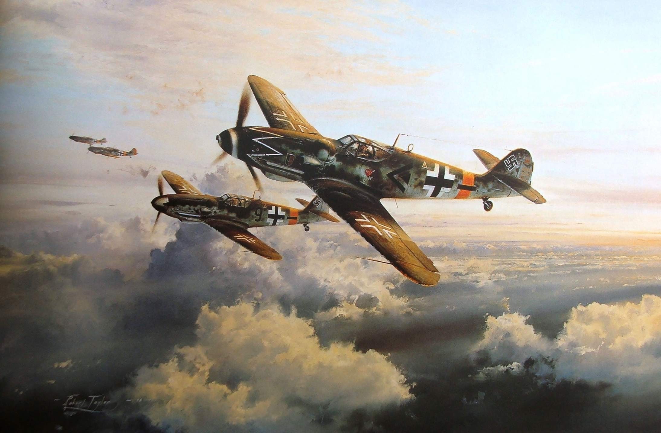 military aircraft, swastika, clouds, illustration, Germany, Messerschmitt, 1080P, Messerschmitt Bf-109, World War II, Luftwaffe, HD Wallpaper