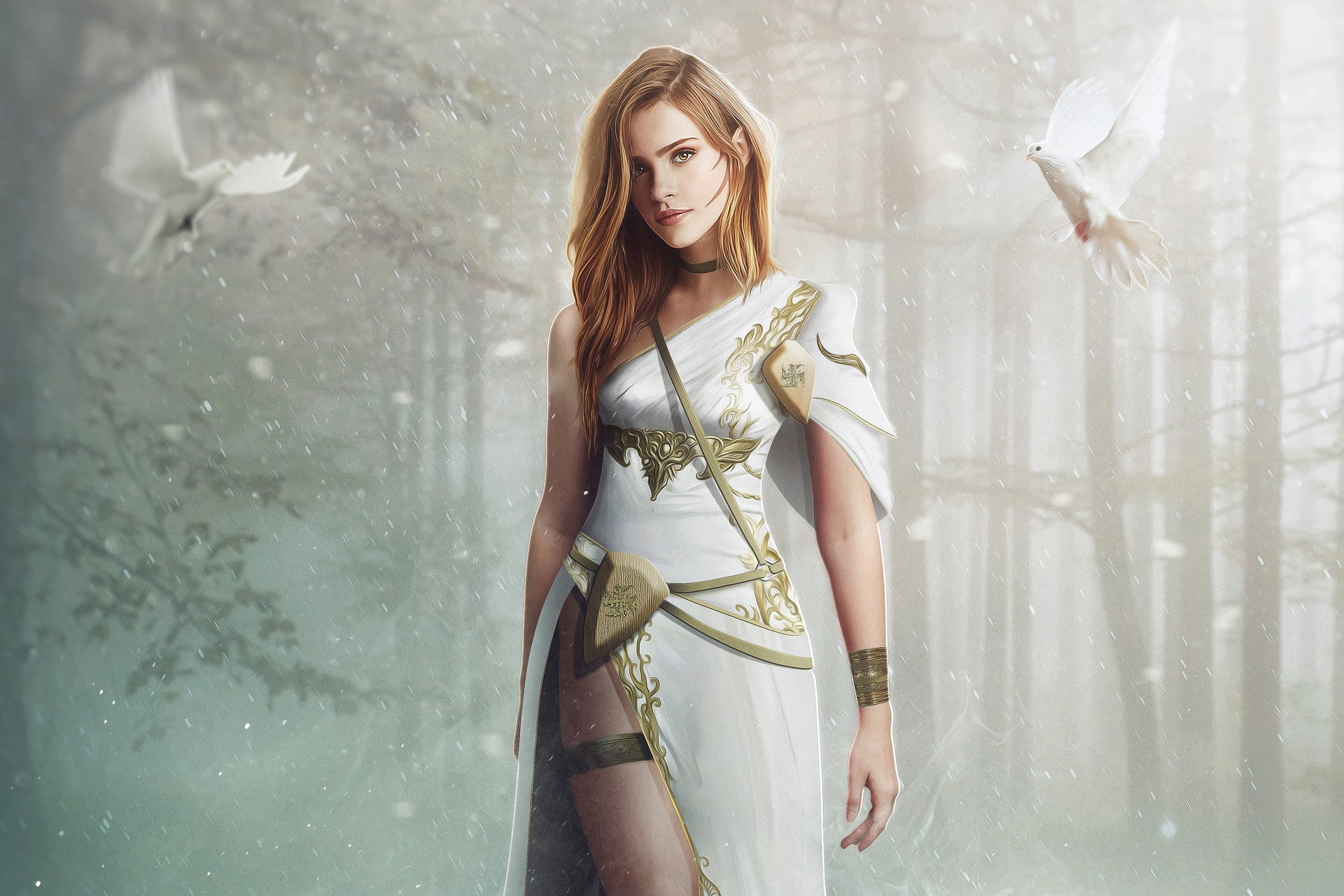 artwork, swastika, women, fantasy girl, 1080P, dress, birds, fantasy art, HD Wallpaper