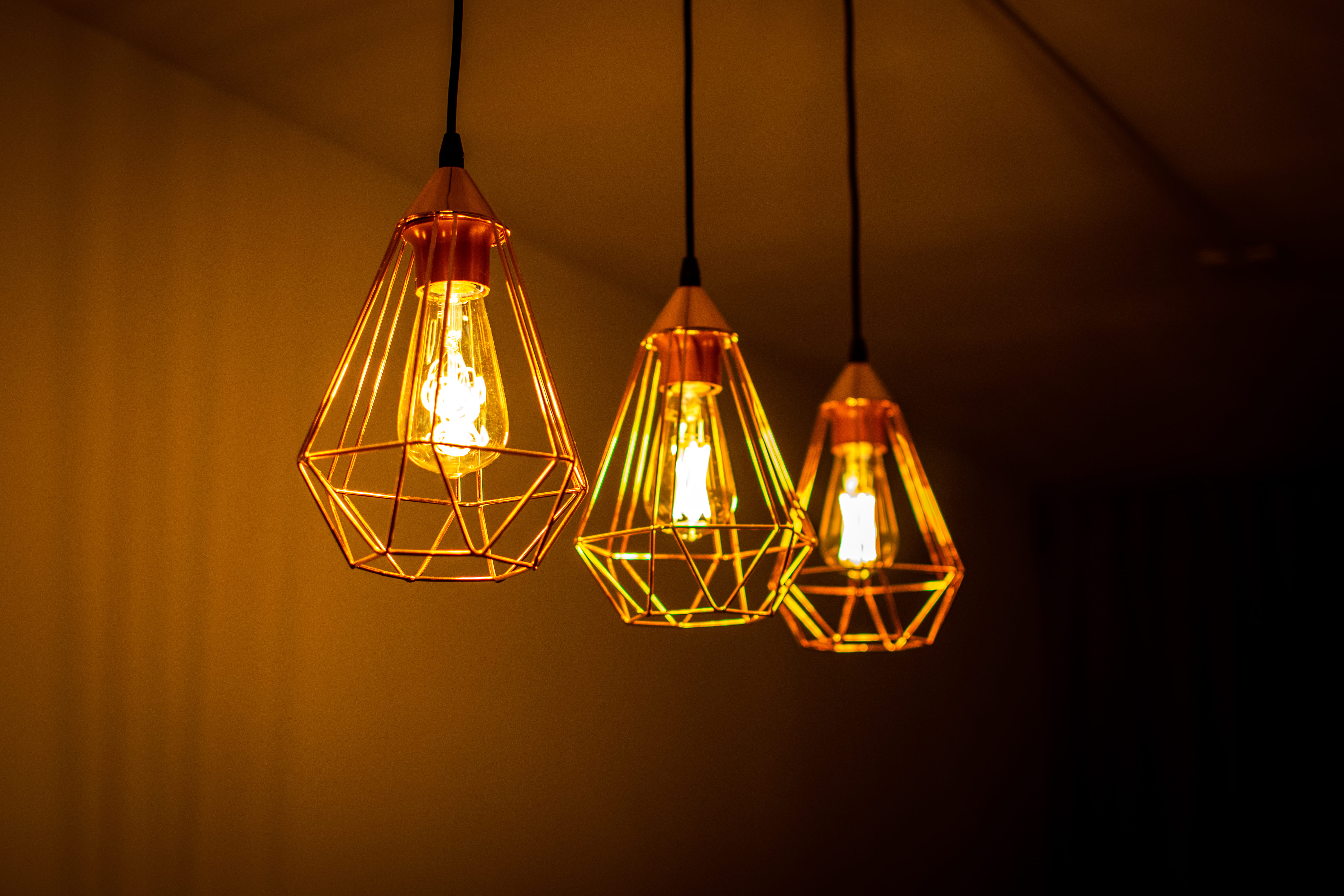 night, lighting equipment, filament, lamps, light - natural phenomenon, close-up, glowing, hanging, focus on foreground, three, ceiling, illuminated, 5K, HD Wallpaper