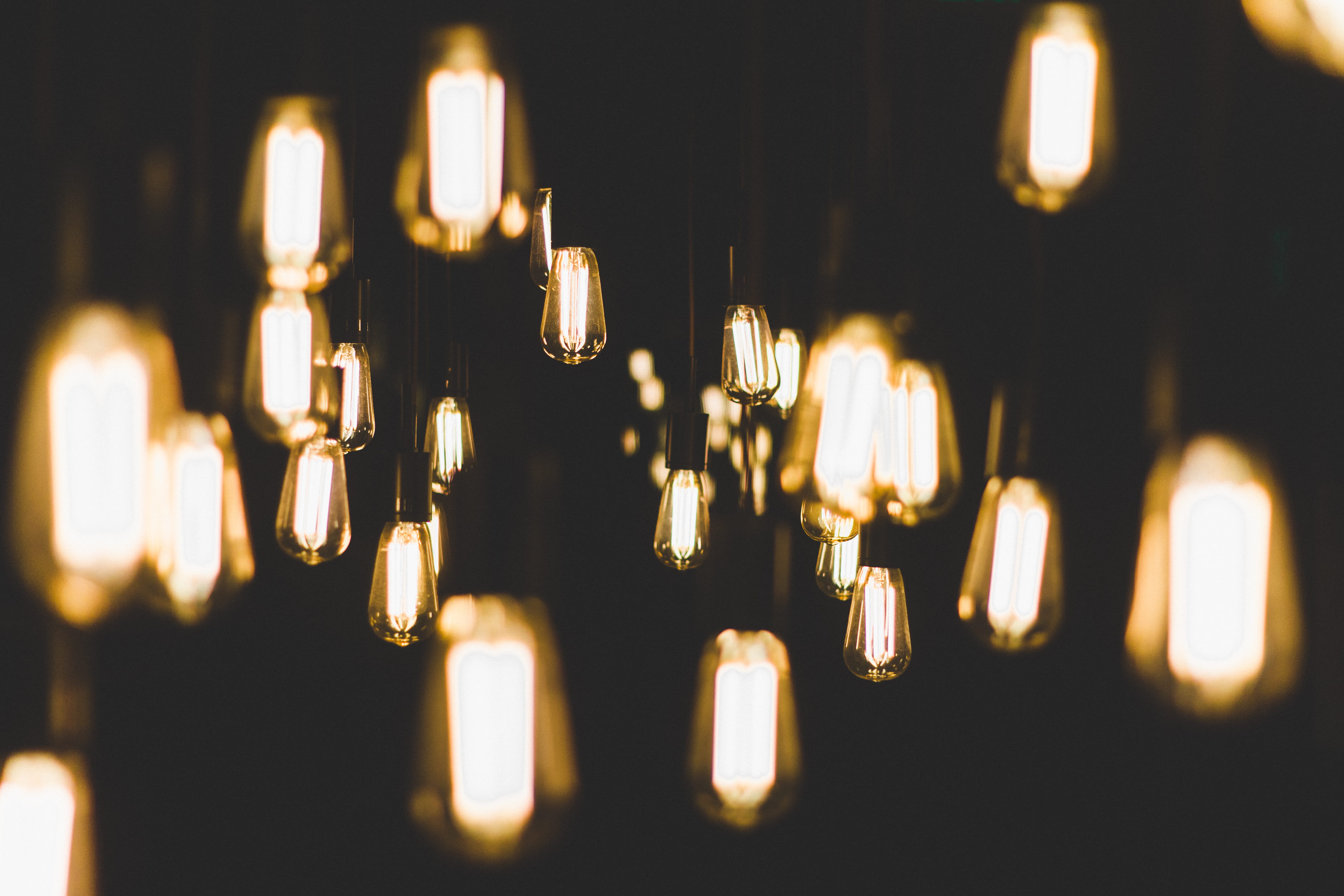 electric light, indoors, in a row, no people, night, edison, pattern, black background, dark, bokeh, glowing, hanging, black, light bulb, selective focus, HD Wallpaper