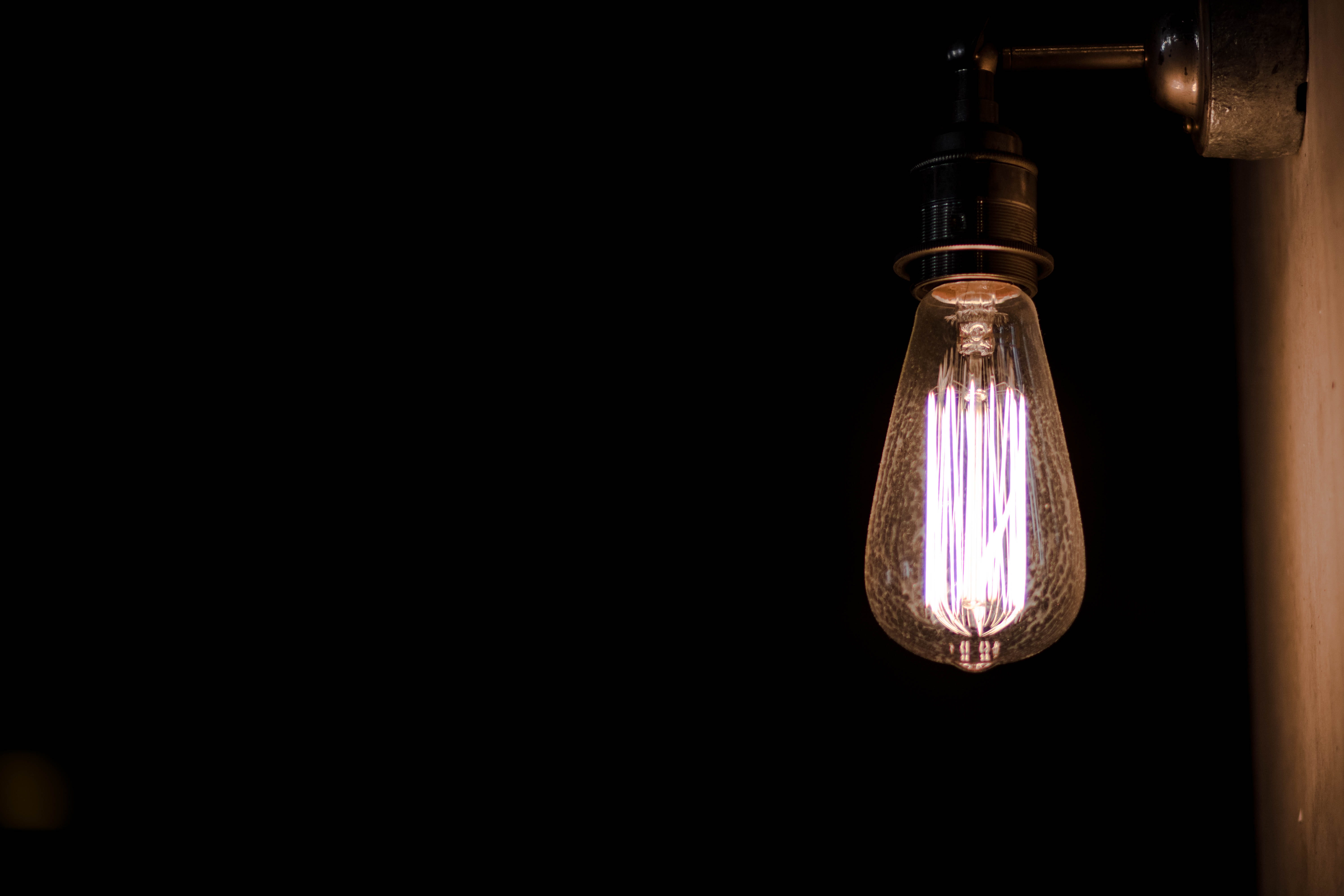 electricity, light - natural phenomenon, glass - material, lighting equipment, wall, studio shot, vintage, technology, 5K, filament, light bulb, edison bulb, HD Wallpaper