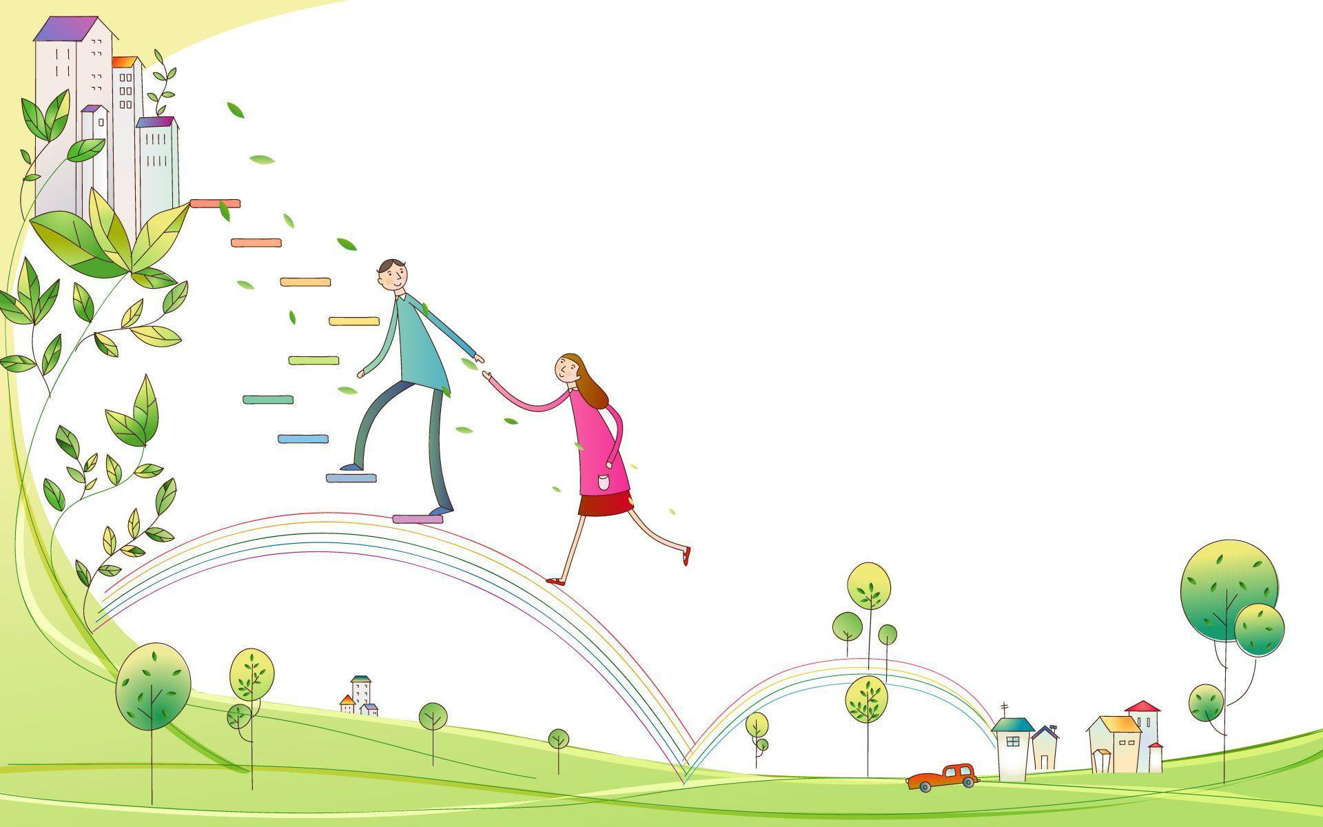 stair, illustration, 1080P, stairs, 1920x1200, trees, couple, city, vector, cars, rainbow, house, climbing, HD Wallpaper