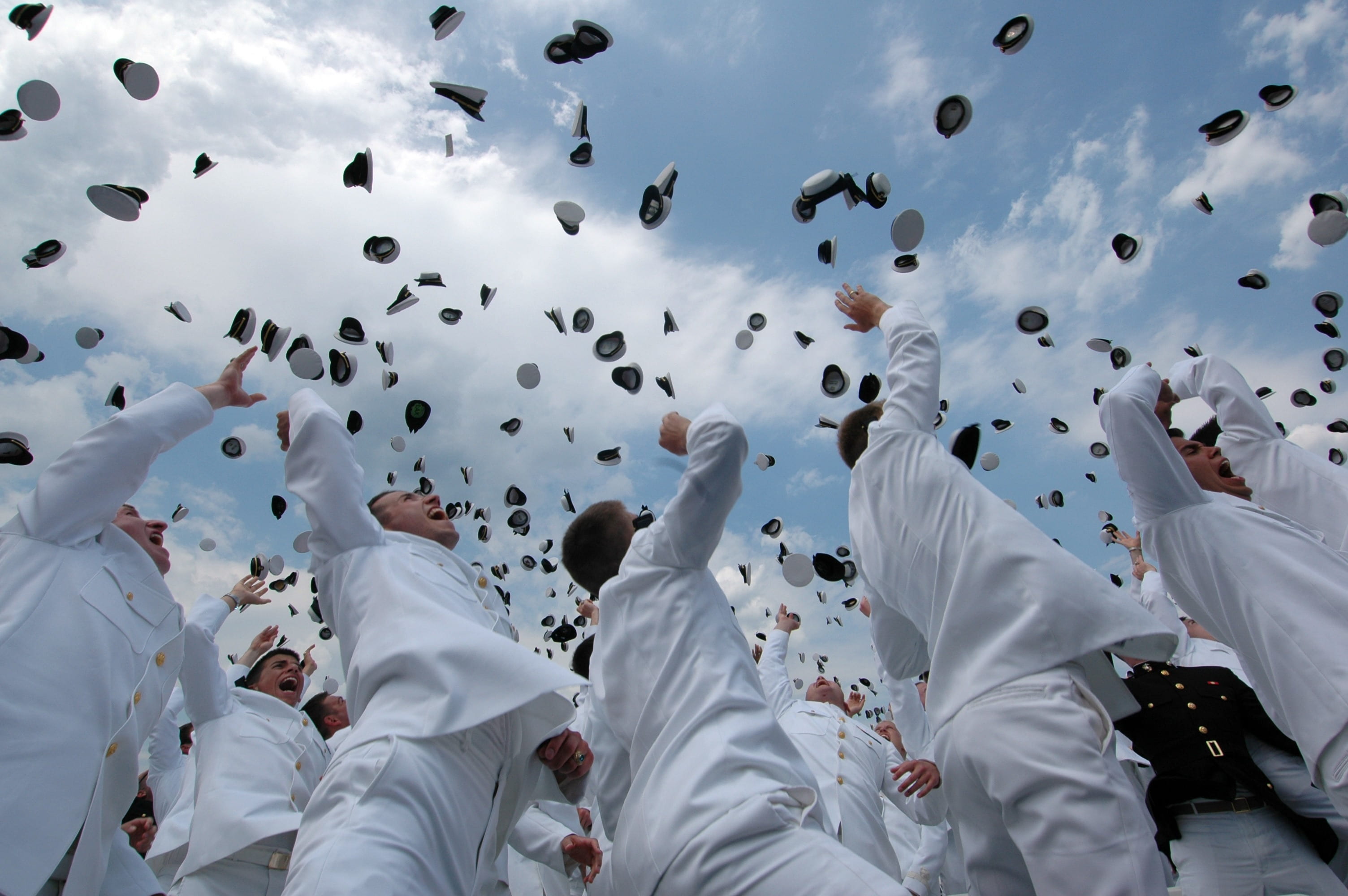 large group of people, crowd, celebration, completion, sailors, military, throw, enjoyment, real people, men, navy, nature, white color, group of people, HD Wallpaper
