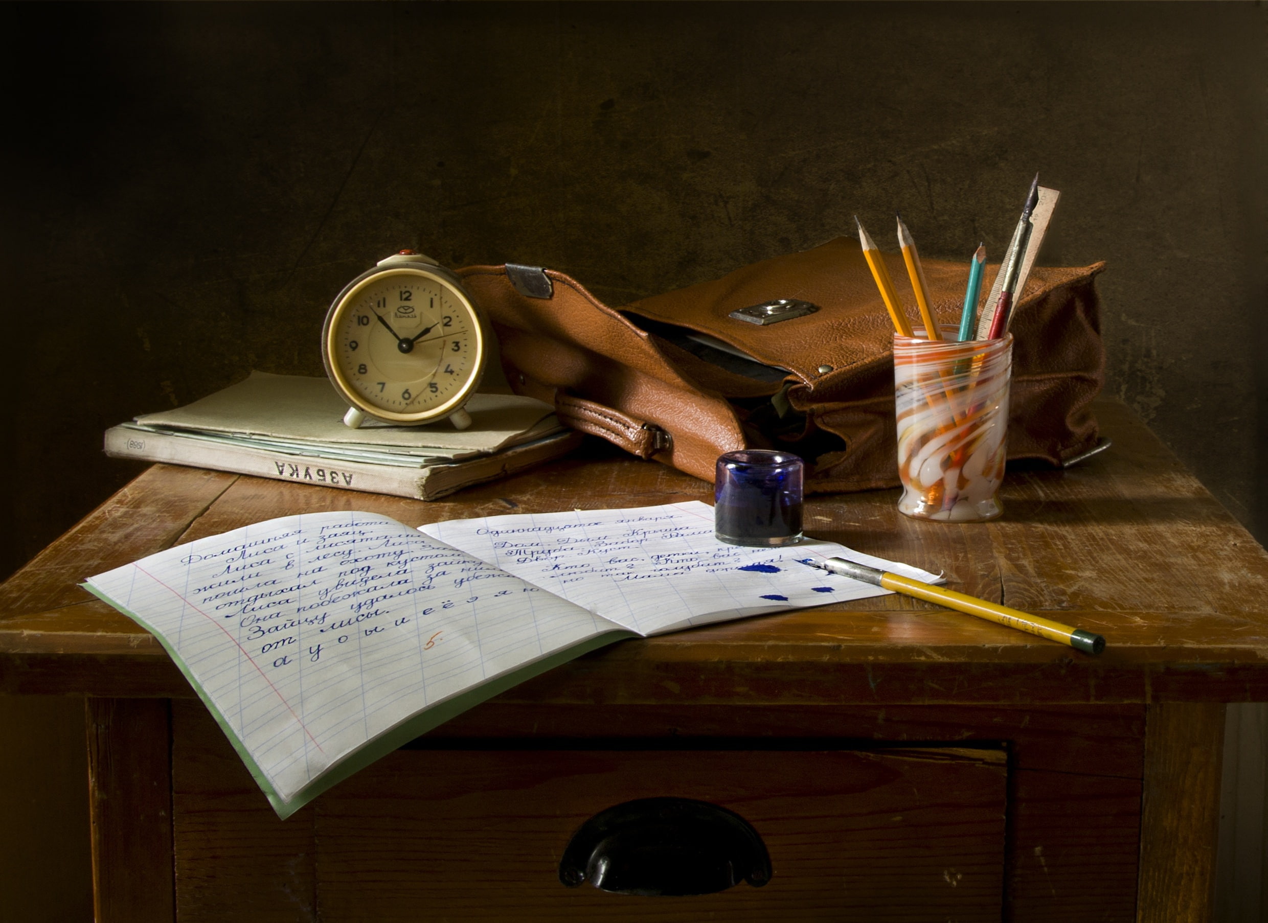background, watch, letter, exercise, table, pencils, past, school, the Soviet era, USSR, still life, letters, portfolio, five, the line, handwriting, ink, HD Wallpaper