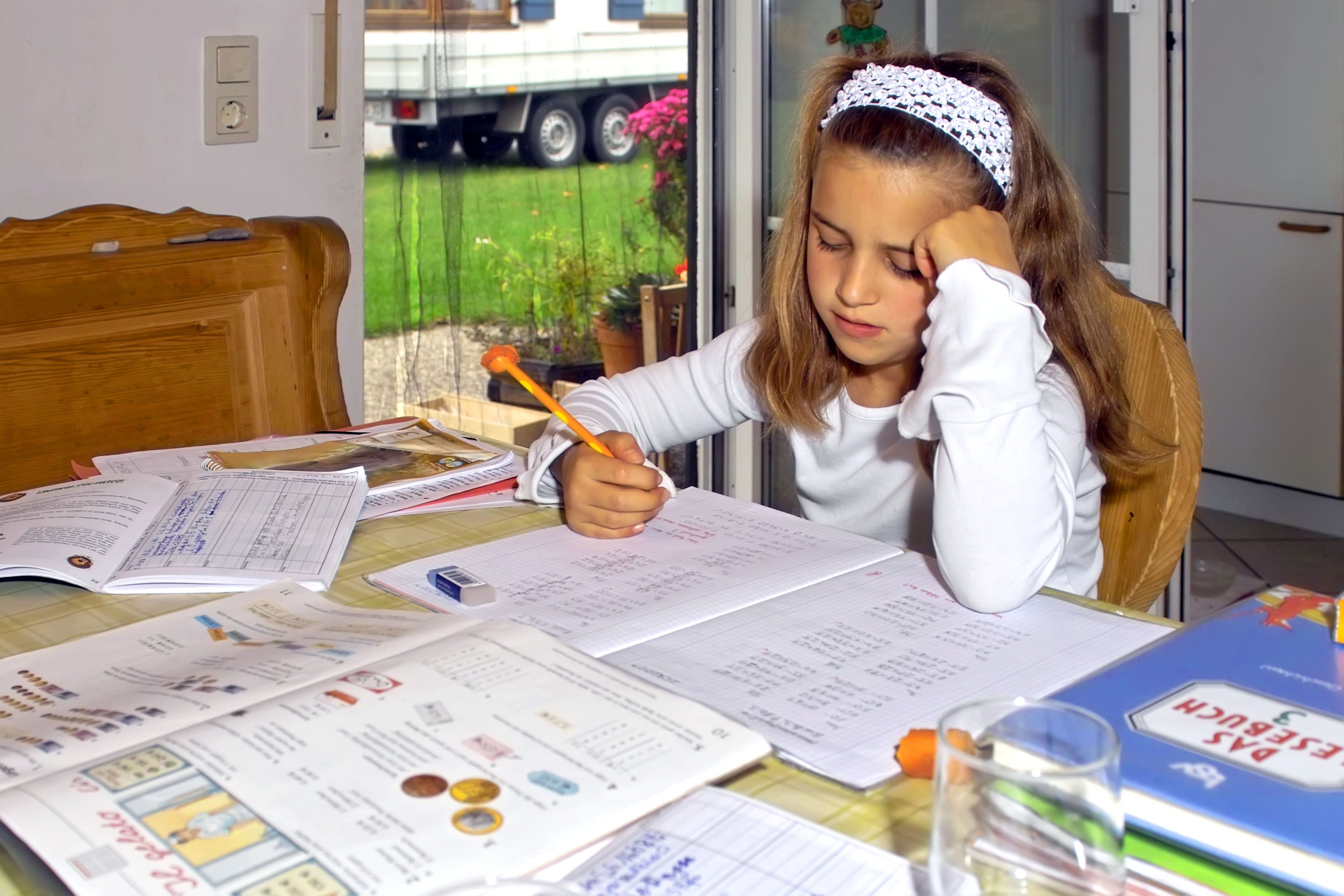 school, paper, concentration, looking down, sitting, childhood, learning, females, offspring, child, one person, women, studying, 4K, indoors, education, HD Wallpaper