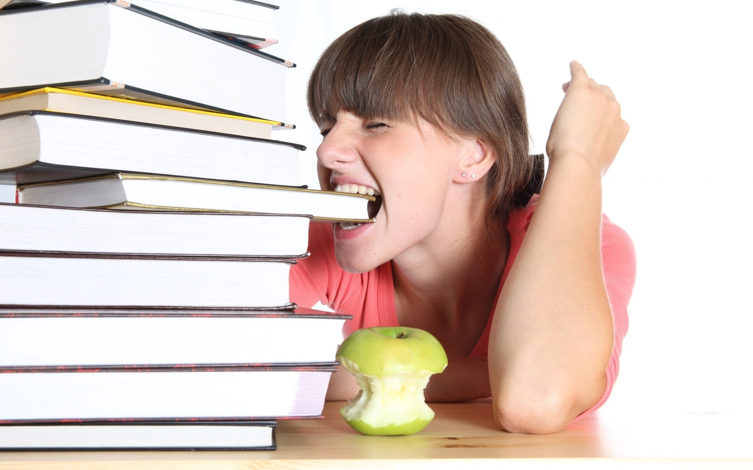 human Face, portrait, reading, people, 2K, sitting, indoors, girl, white Background, young Adult, girls, white, smiling, wisdom, women, apple - Fruit, HD Wallpaper