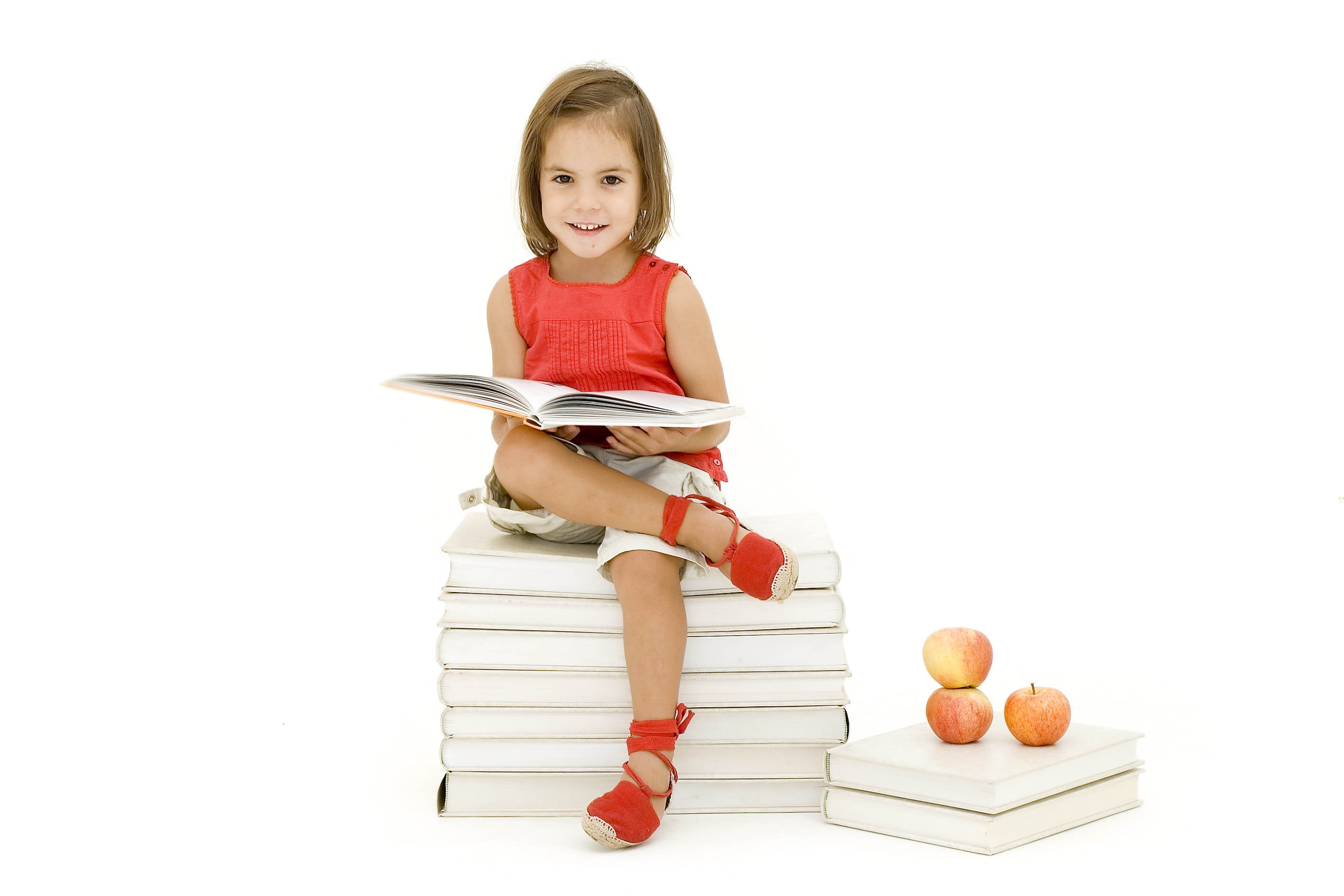 textbook, small, sitting, full length, looking, white background, isolated, publication, girl, front view, learning, apples, book, studio shot, tank, cute, HD Wallpaper