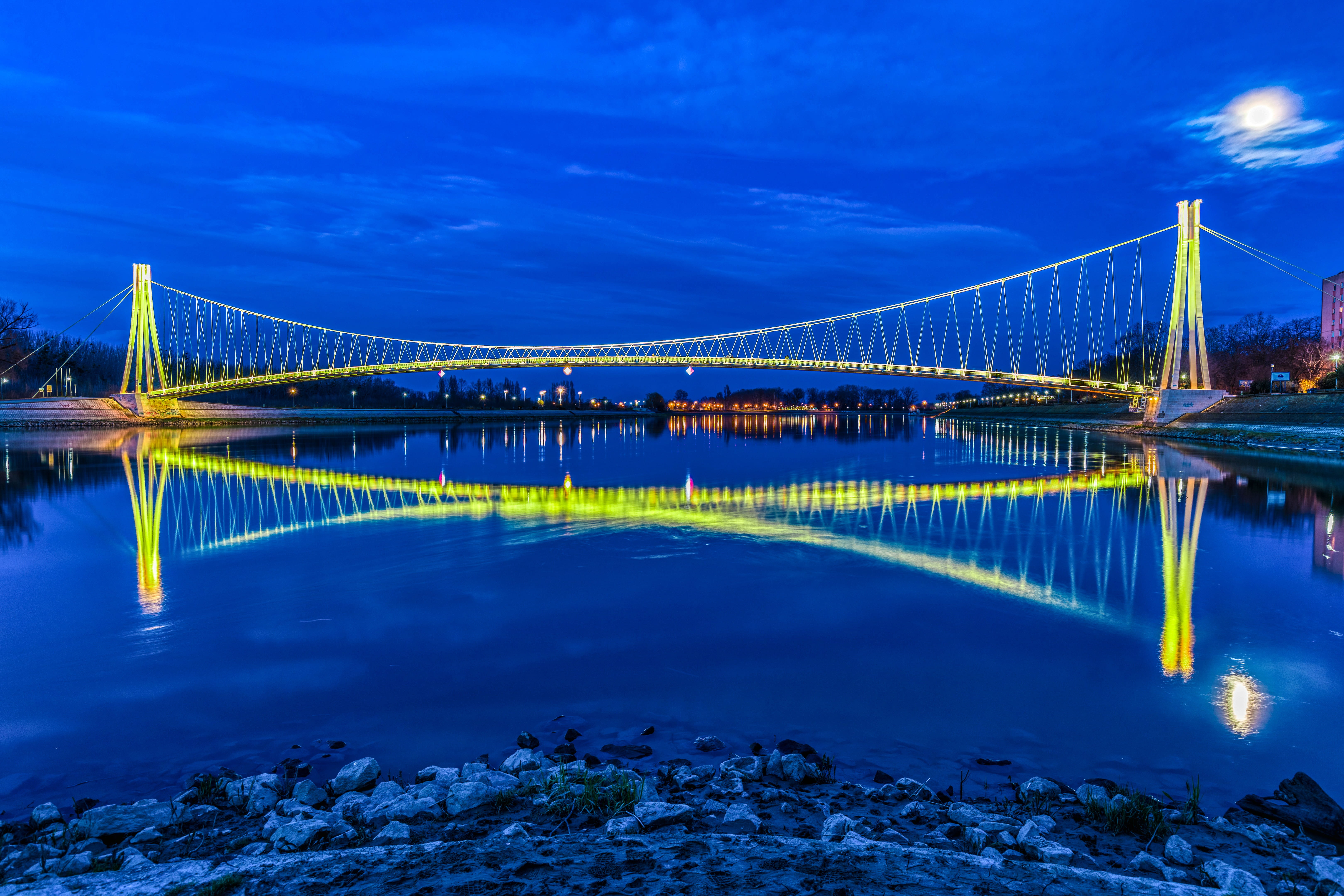 bridge - man made structure, suspension bridge, city, blue hour, outdoors, illuminated, osijek, travel, blue, water, dusk, no people, skyscraper, transportation, HD Wallpaper