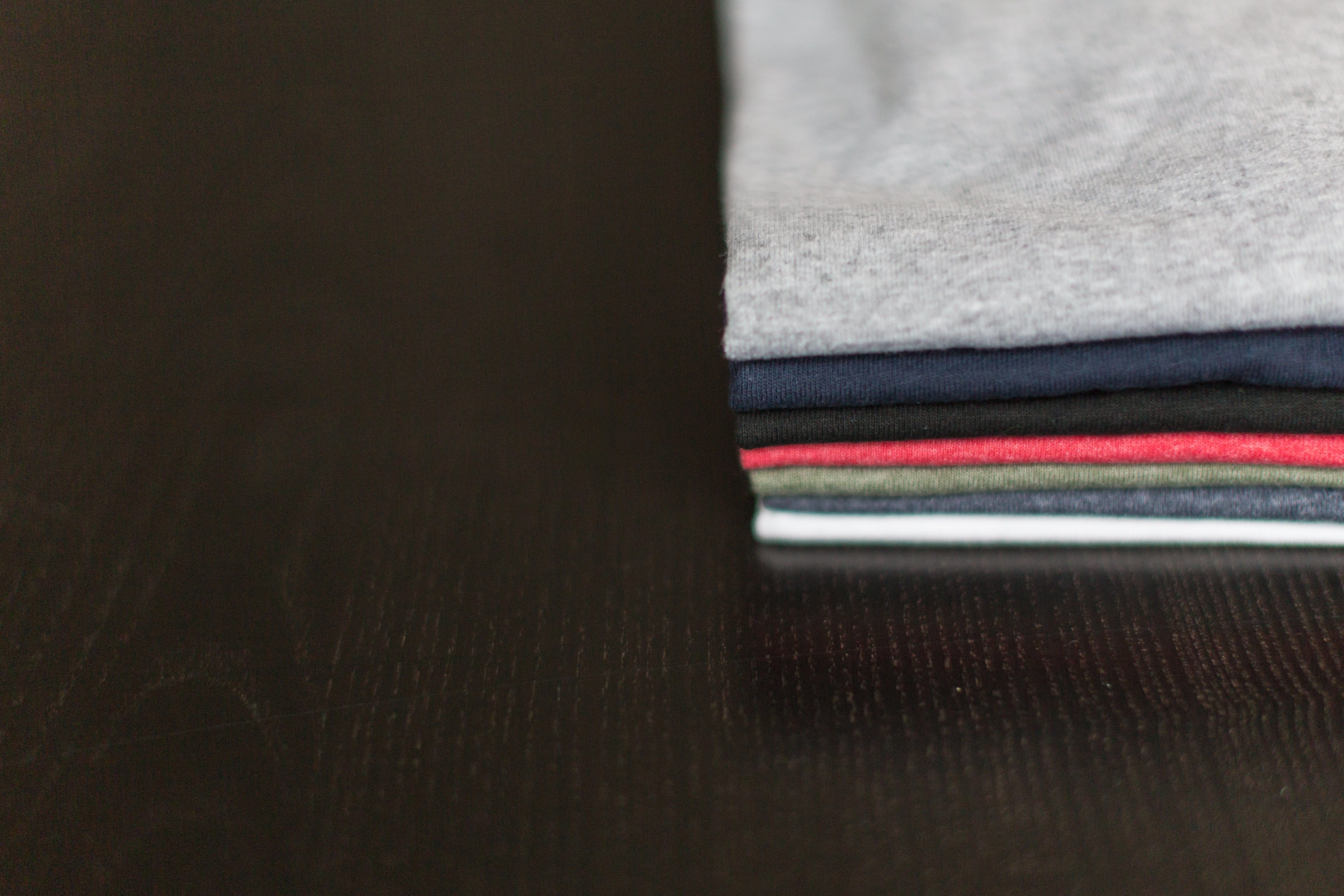 multi colored, indoors, Fashion, wood, photo, textured, selective focus, day, table, gray, high angle view, pattern, Clothes, 4K, T-Shirts, brown, Blue, HD Wallpaper