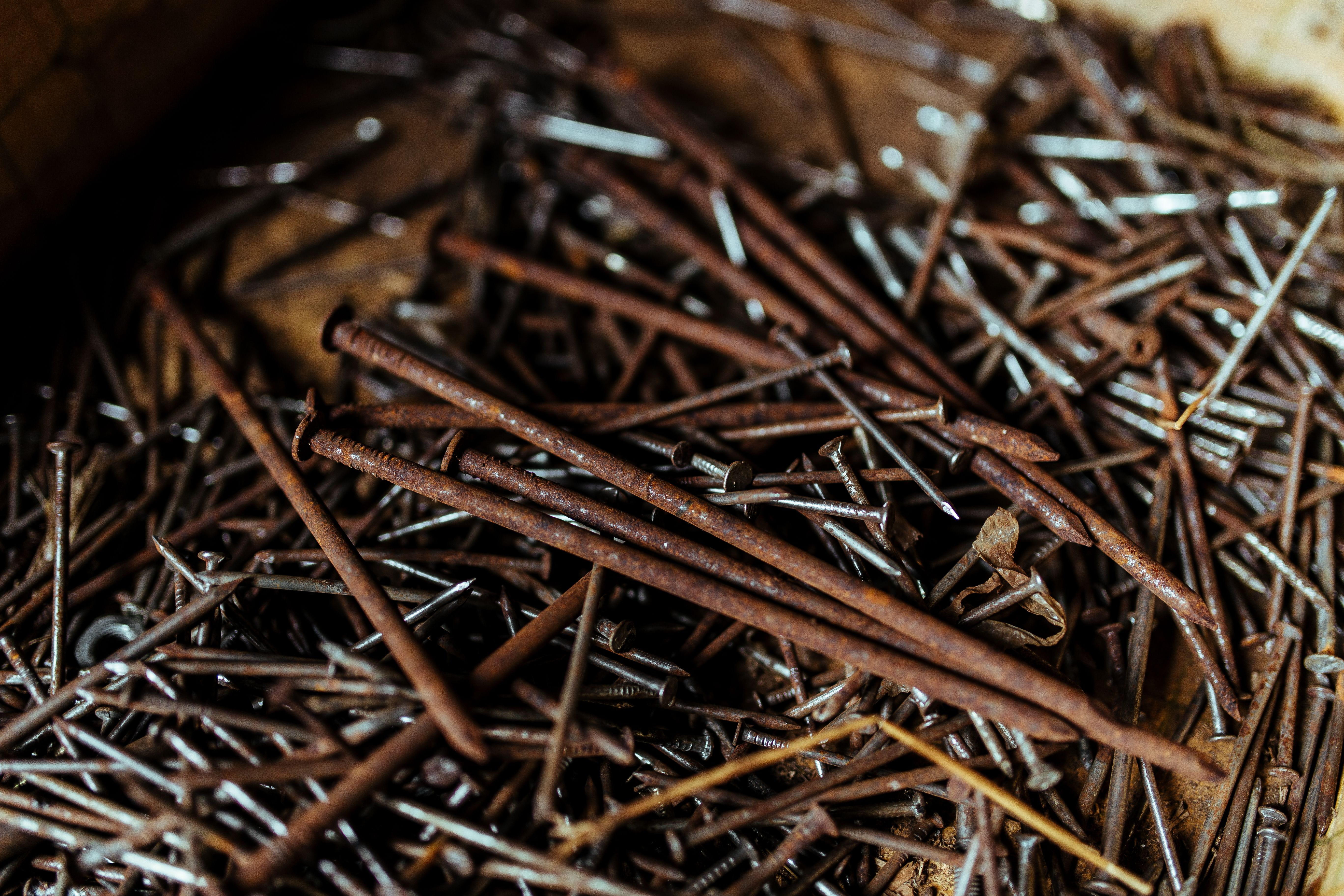 nail, large group of objects, focus on foreground, diy, nuts, bolts, Tools, day, backgrounds, still life, plant, wood - Material, selective focus, nails, HD Wallpaper