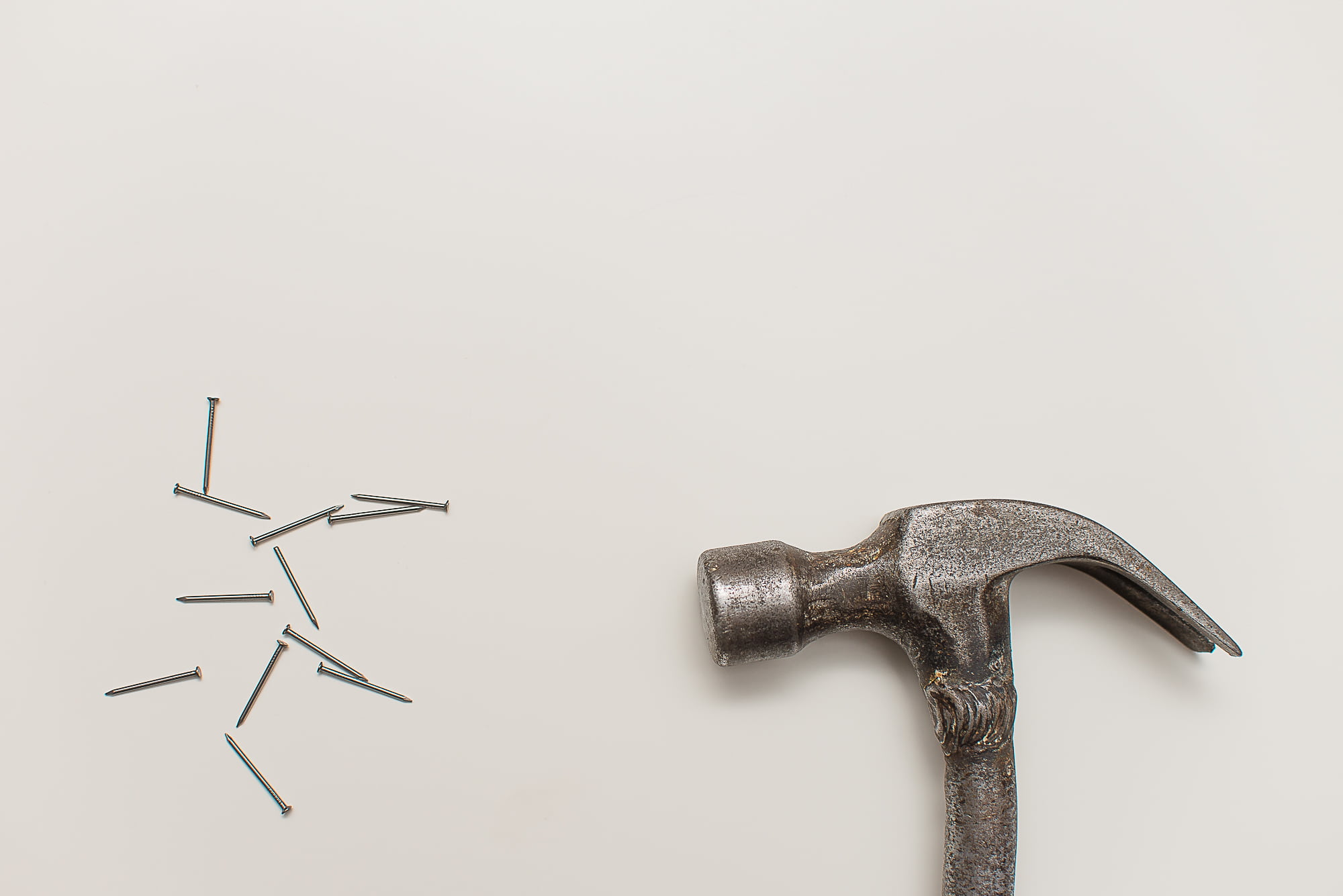 work tool, arrangement, nails, creativity, objects, hammer, claw, close-up, day, group of objects, colored background, studio shot, grey, black, gray, copy space, HD Wallpaper
