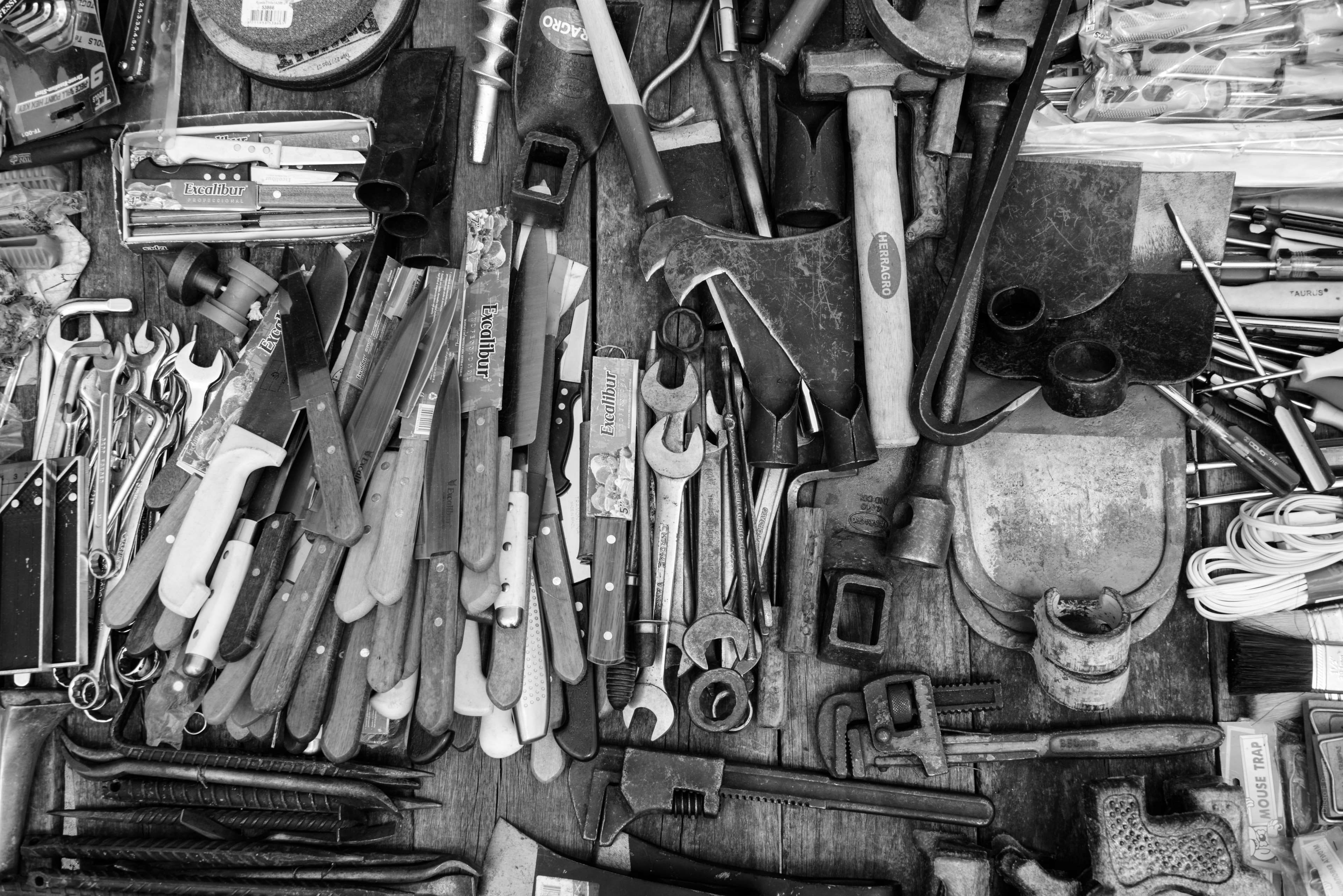 large group of objects, garden, desktop, nat, garage, wrench, full frame, variation, equipment, black and white, still life, spanner, cutting tools, indoors, HD Wallpaper