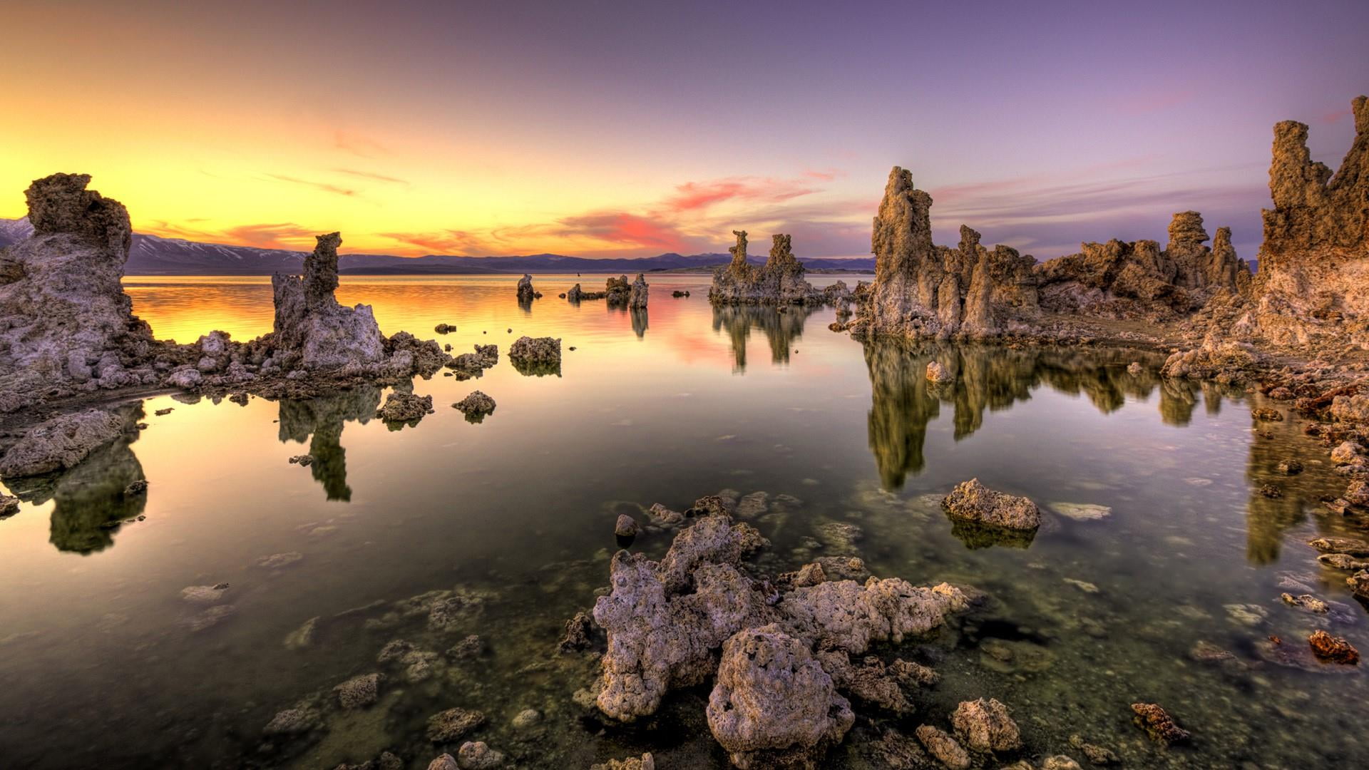 tranquility, lee vining, scenics - nature, rock, reflection, rock - object, sunset, sun, salt lake, mono lake tufa state natural reserve, tranquil scene, HD Wallpaper