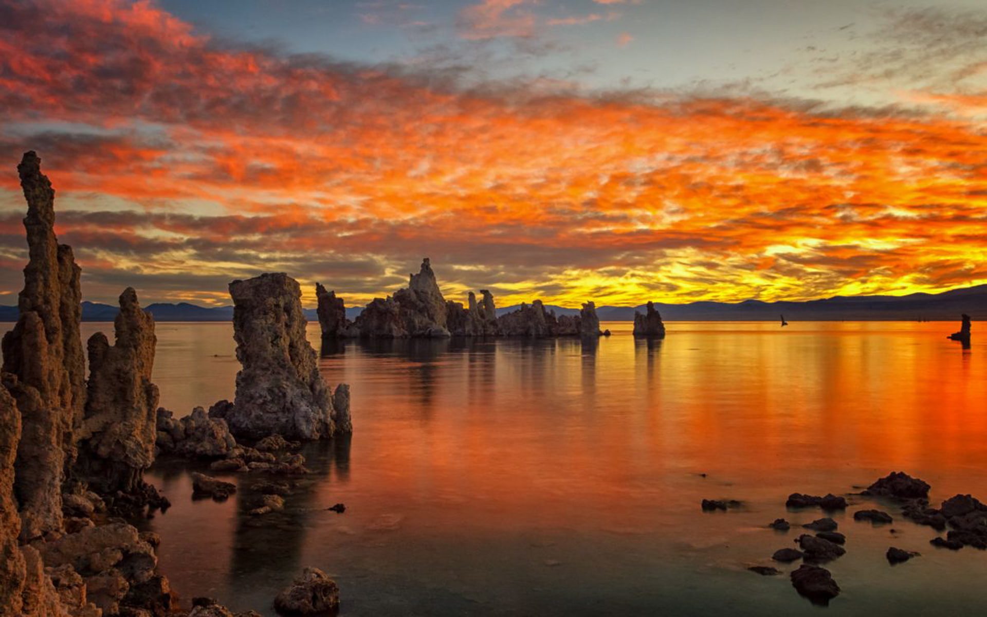 lake, park, karptesti, tufa, towers, yosemite, orange, california, 1080P, water, hd, south, reflecting, sunset, mono, national, sky, desktop, HD Wallpaper
