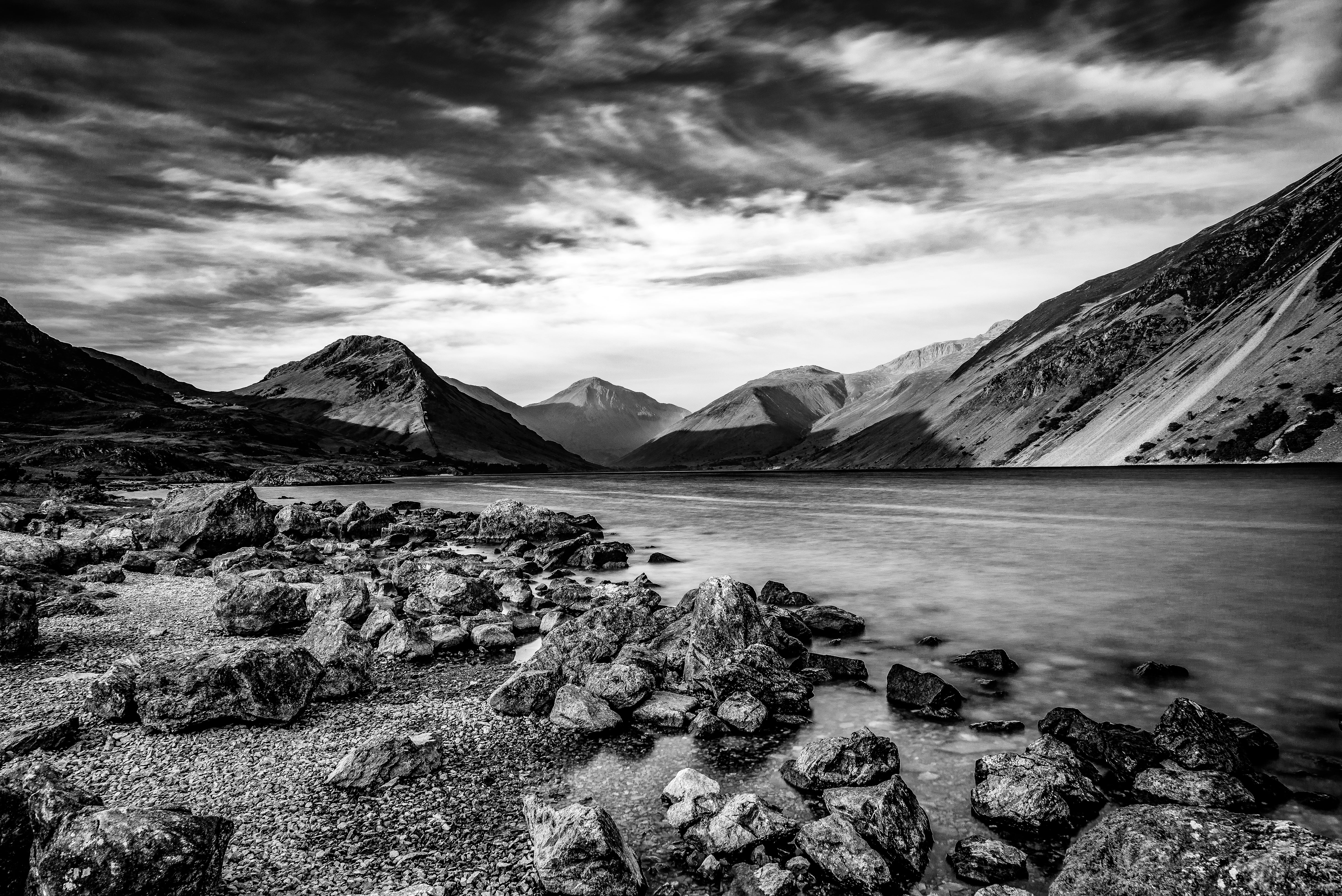 mountain, water, black And White, lake district, scenics, wastwater, long exposure, beside, Explored, body of water, england, Wast Water, Mono, grayscale, HD Wallpaper