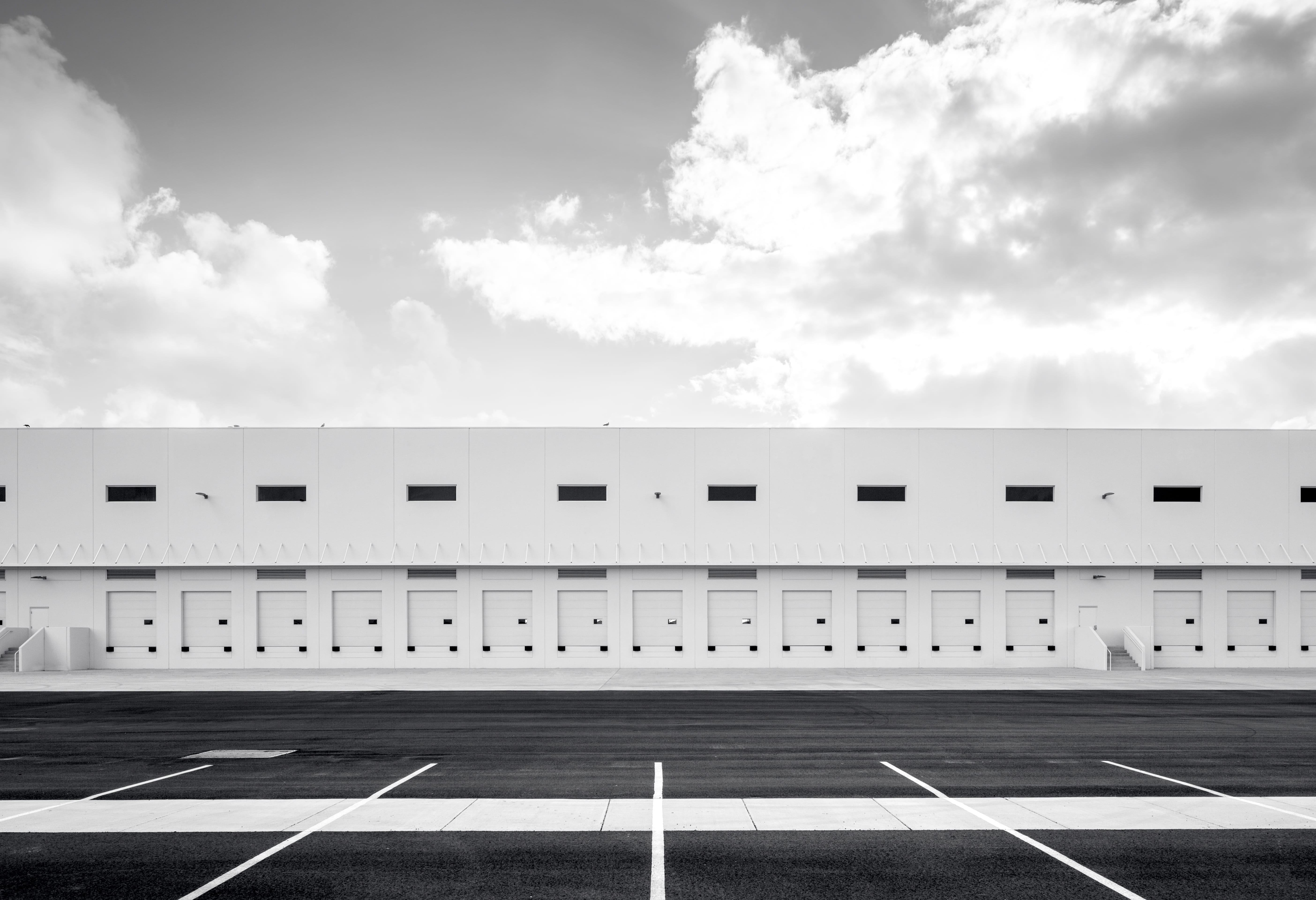 storage, day, automobile, perspective, marking, empty, sunlight, building exterior, logistics, asphalt, closed, sign, 5K, building, road, built structure, HD Wallpaper