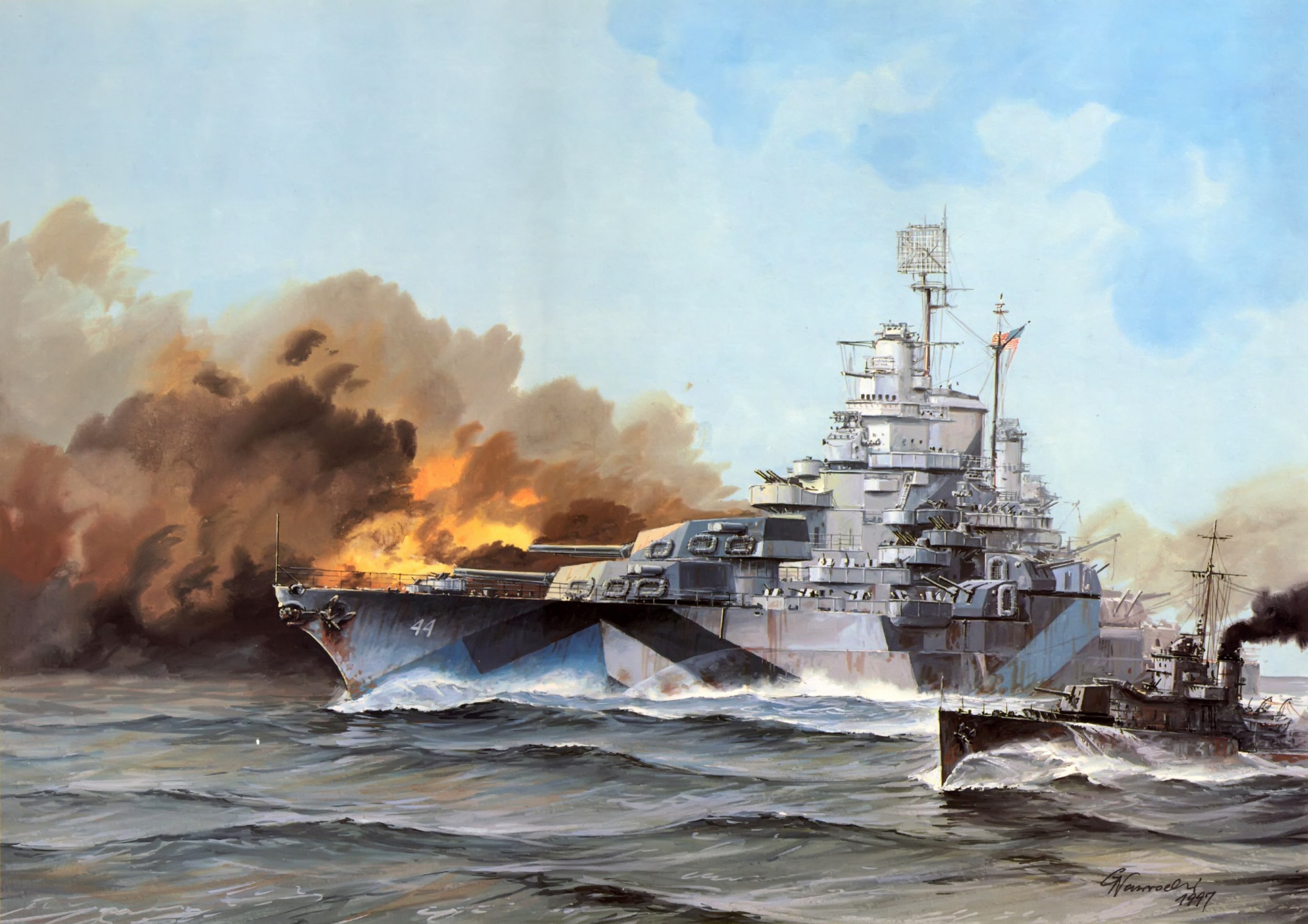 glavnyy Kalibr, linear, WW2, type Tennessee, figure, US NAVY, wave, BB-44, fire, smoke, CA, California, ship, USS, 2K, art, sea, HD Wallpaper