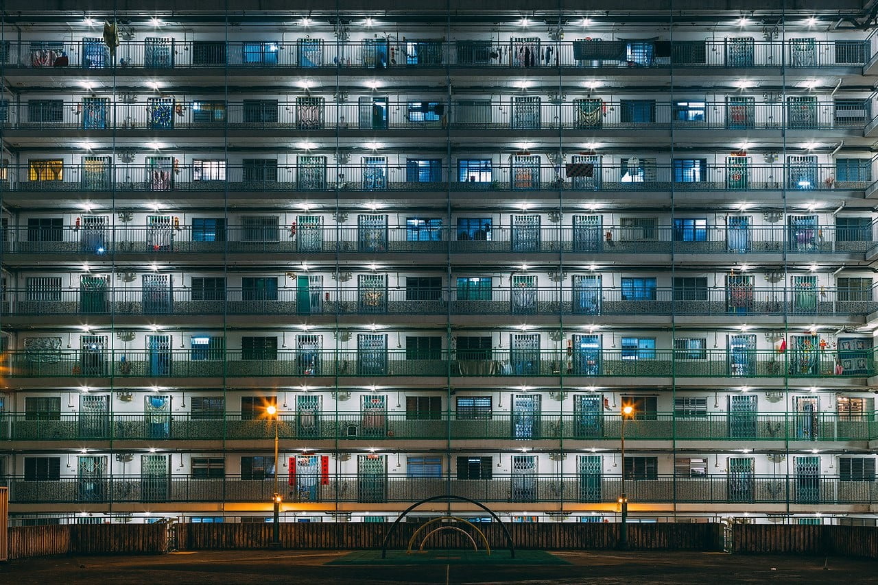 building, plastic, residential district, minimalism, window, office, outdoors, building exterior, 720P, containers, office building exterior, modern, night, HD Wallpaper