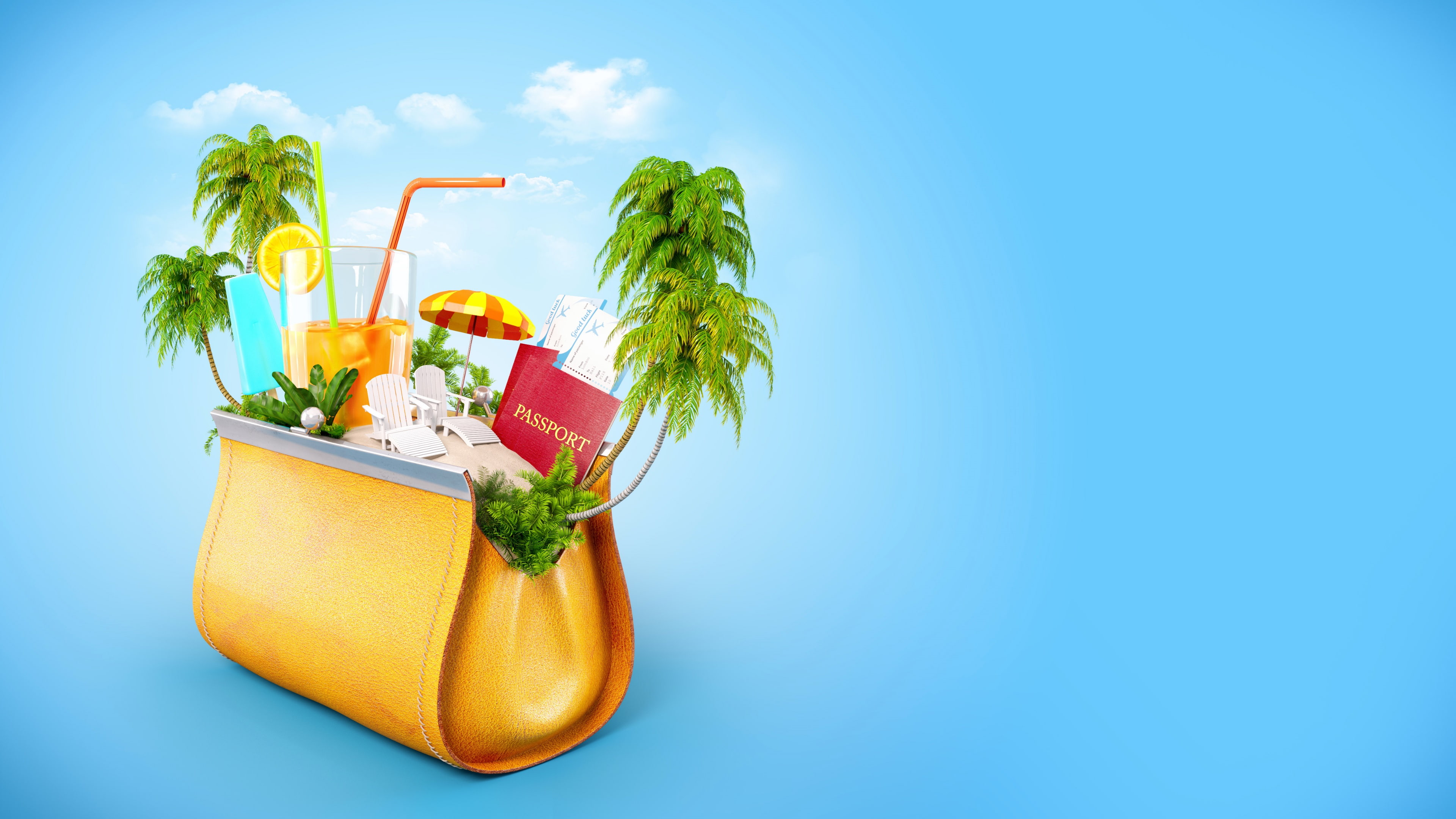 palms, blue, juice, tropical, summer holiday, tropics, 4K, handbag, summertime, holiday, vacation, summer, exotic, passport, travel, HD Wallpaper