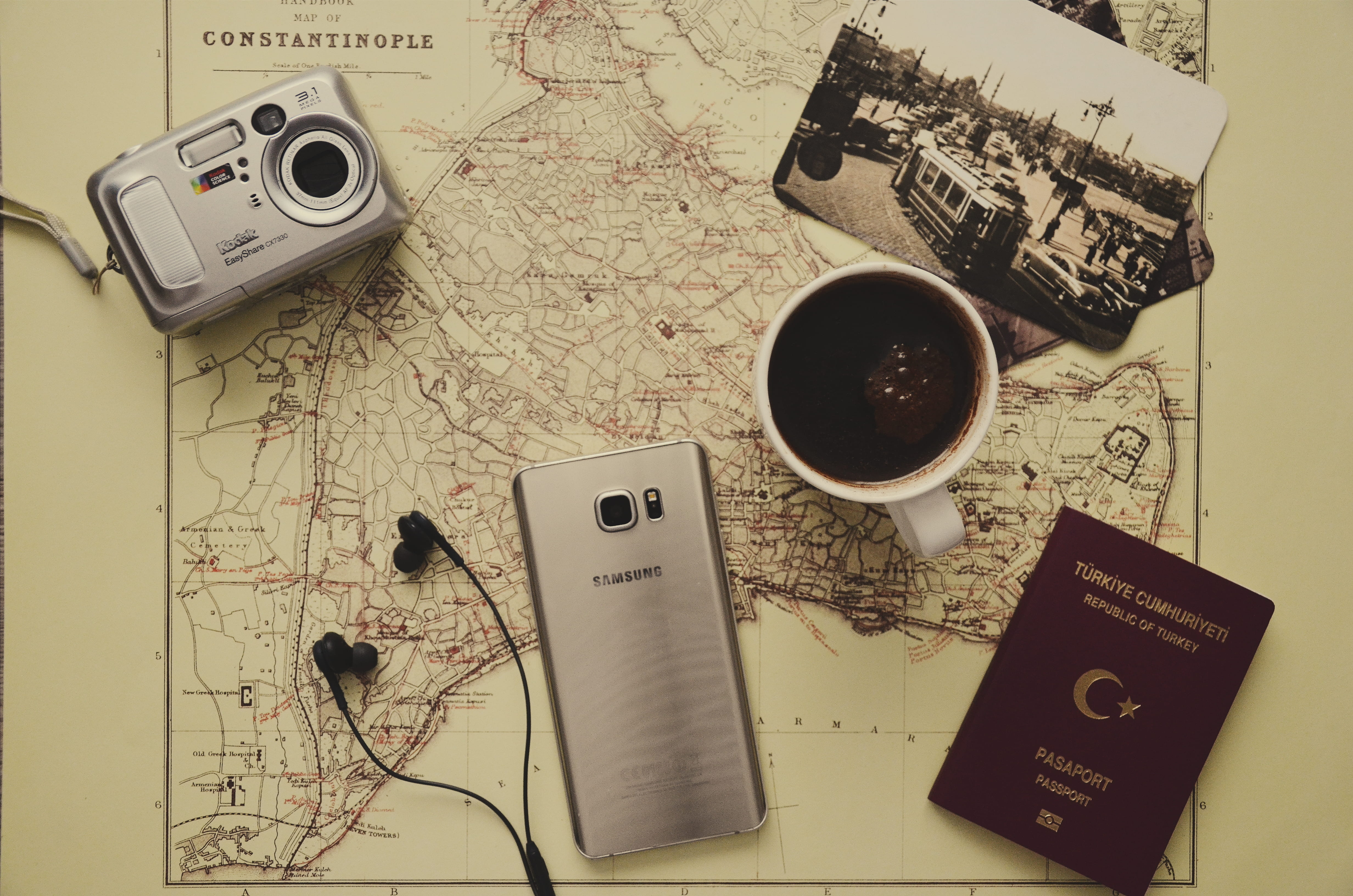 4K, connection, refreshment, technology, finance, high angle view, passport, vintage, retro, equipment, desk, table, wireless technology, indoors, commerce, HD Wallpaper