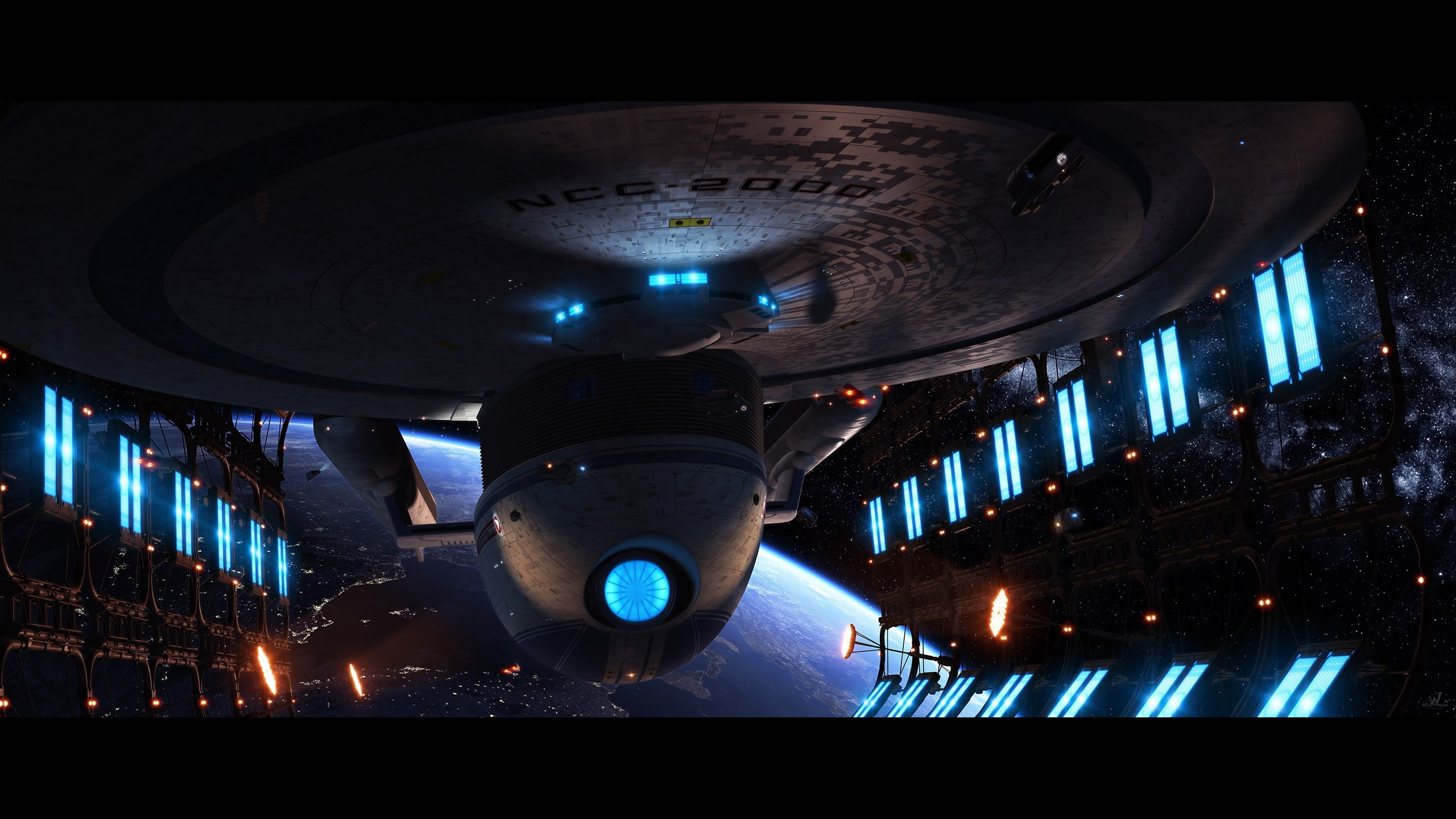 city, music, illuminated, architecture, nightlife, modern, indoors, mode of transportation, 2K, low angle view, USS Excelsior, technology, motion, lighting equipment, HD Wallpaper