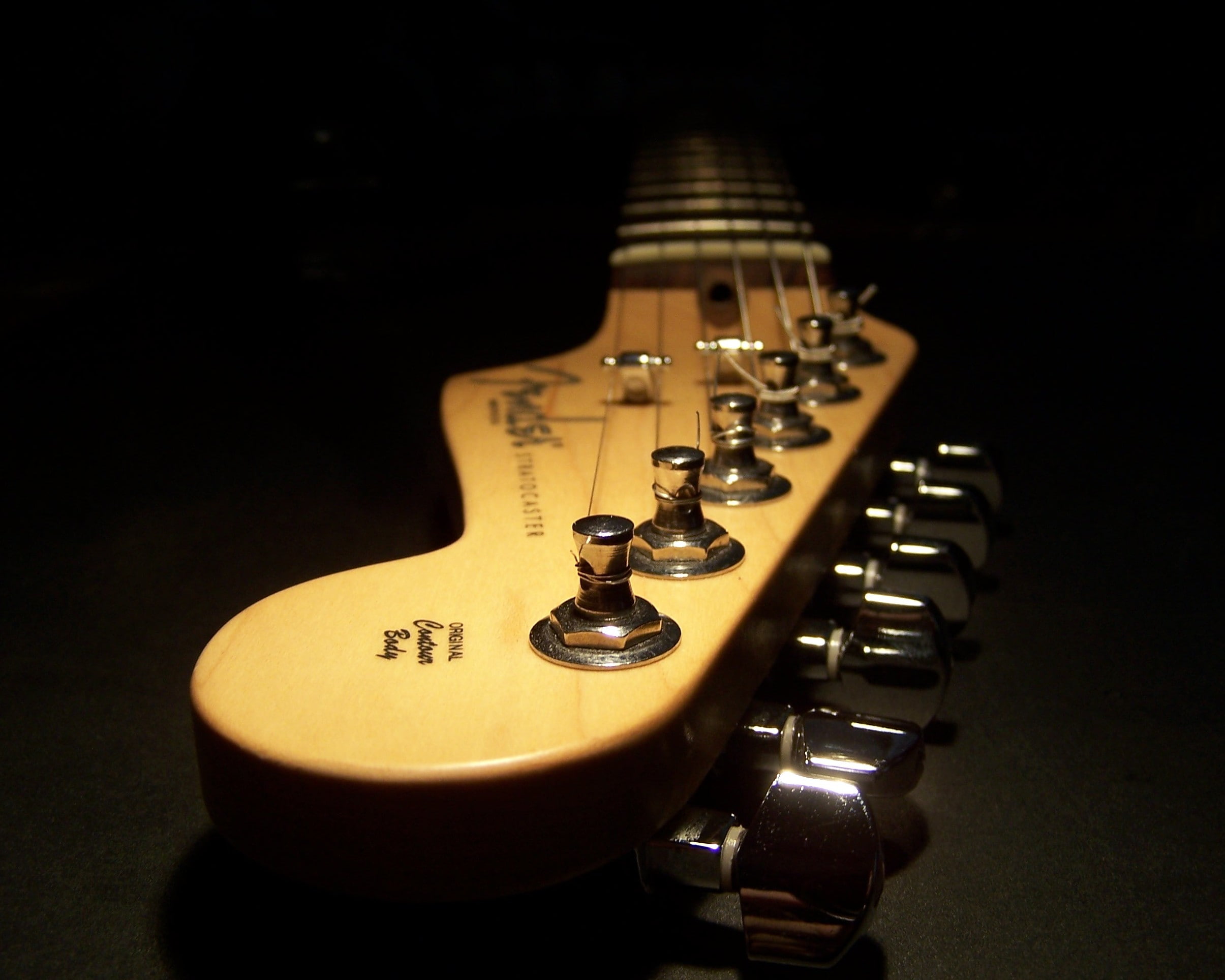fender, guitar, brown, strings, headstock, darkness, 1080P, HD Wallpaper