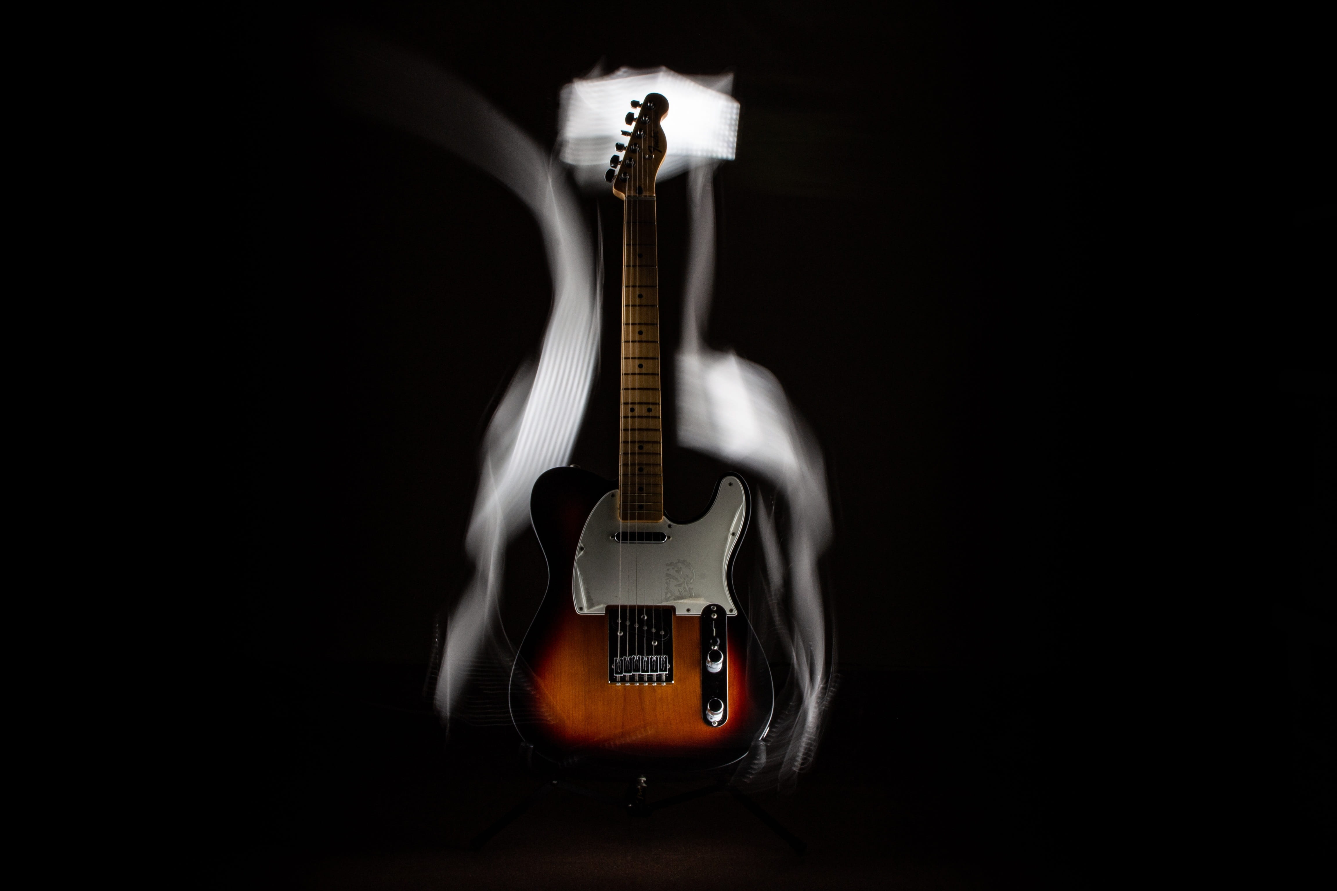 no people, guitar, string, electric, 4K, telecaster, dark, string instrument, musical instrument, rock, indoors, stage - performance space, single object, HD Wallpaper