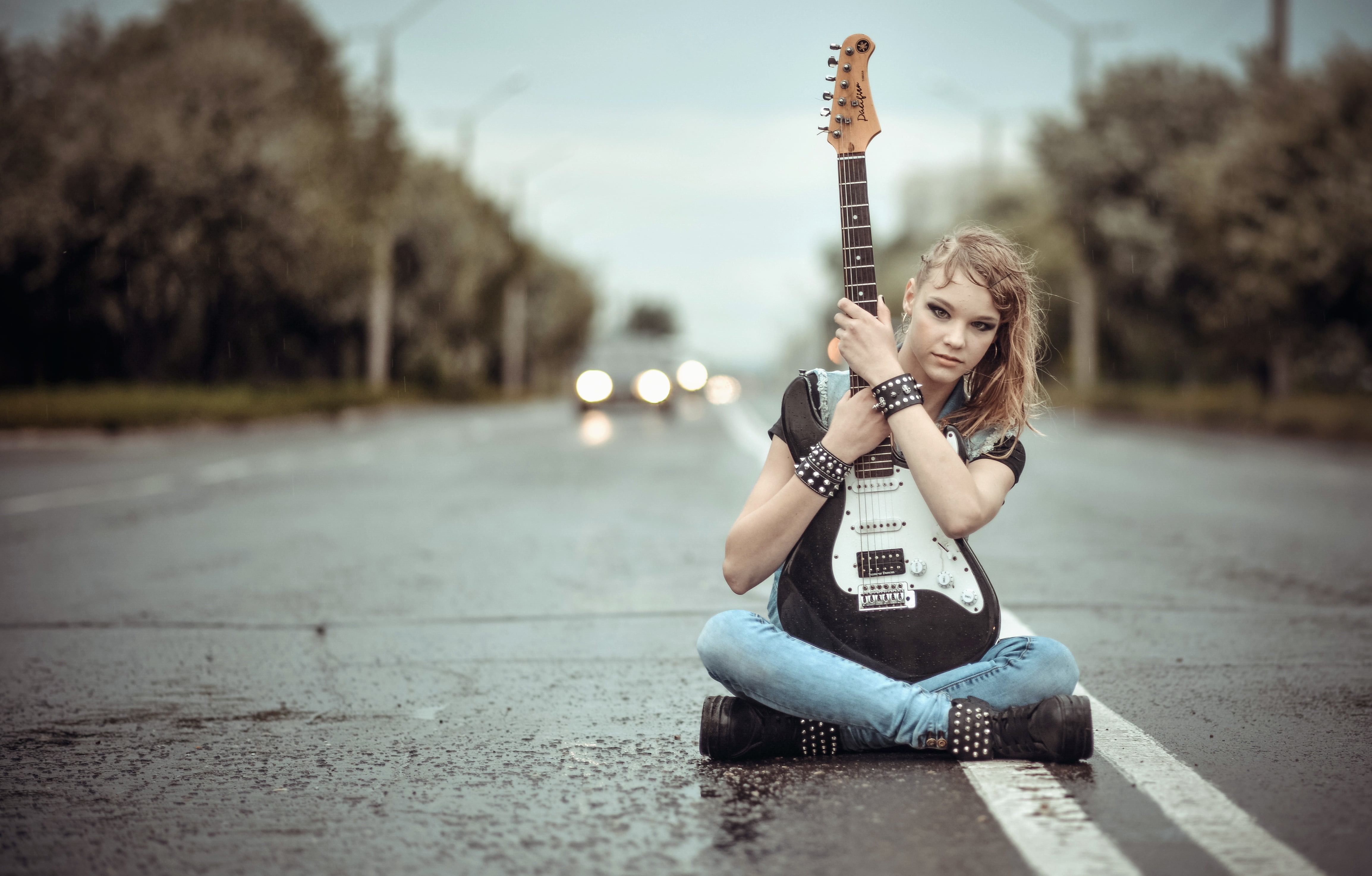 teenager, musical Instrument, musician, black, smiling, beauty, real people, cheerful, acoustic Guitar, street, youth Culture, playing, young Women, nature, HD Wallpaper