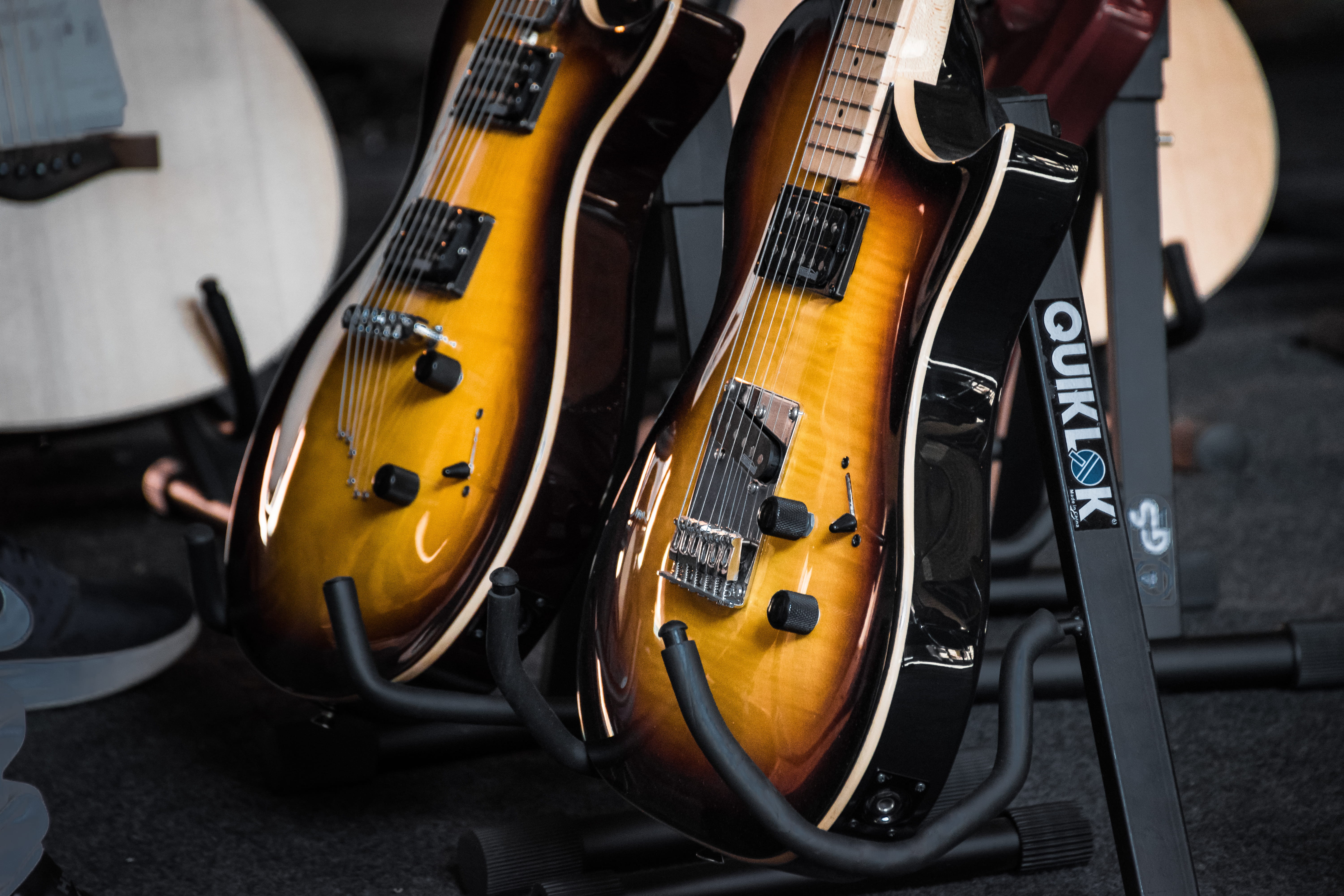 guitar, wheel, bunker, musical instrument string, musical instrument, tire, transportation, orange, music, wood - material, musical equipment, pizzighettone, HD Wallpaper