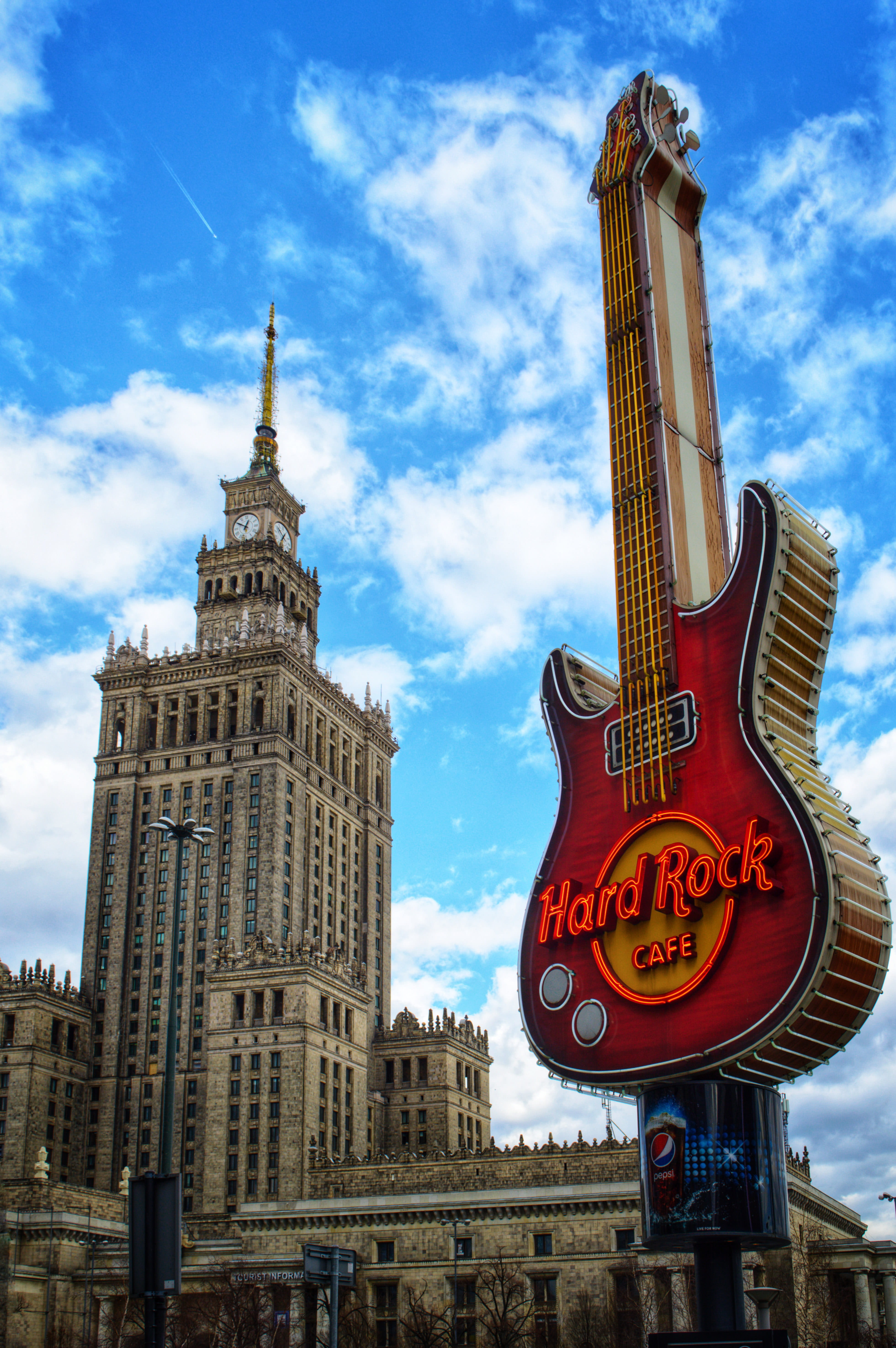 sign, nature, electric guitar, urban, communication, metropolis, skyscraper, rock, steeple, spire, building, high rise, road sign, text, building exterior, Phone HD Wallpaper