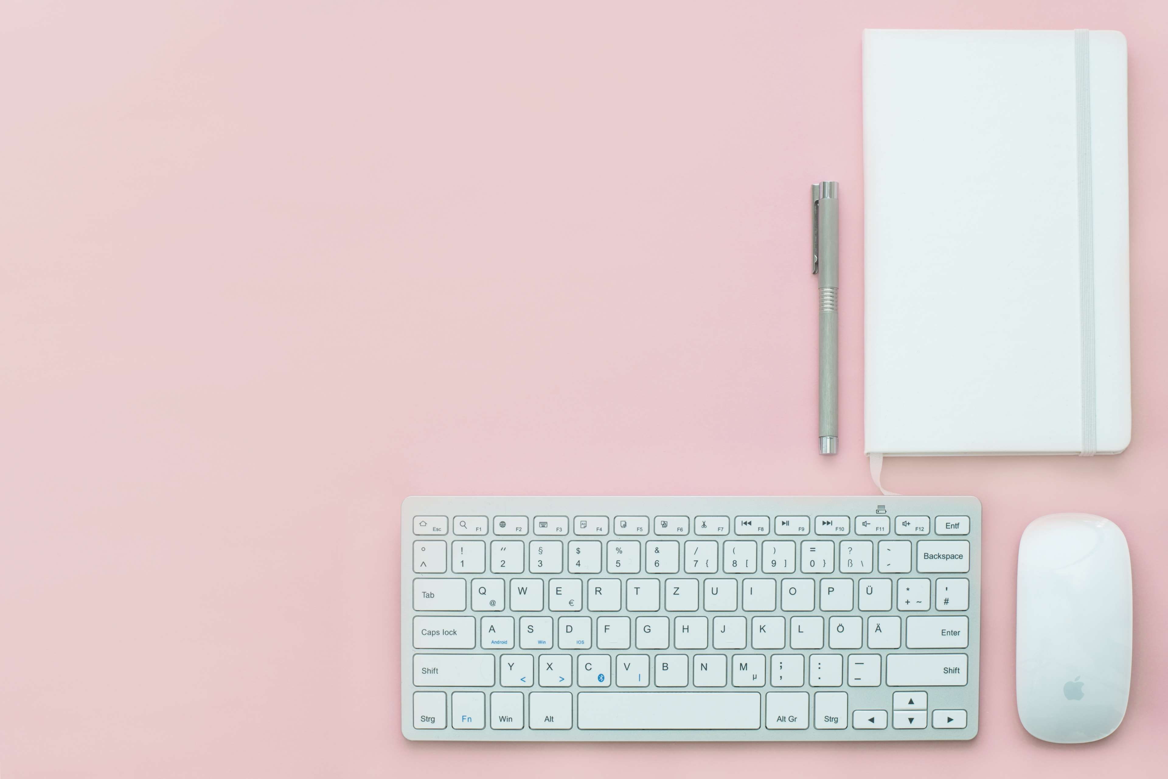 computer keyboard, wireless technology, notebook, pink, mouse, desk, directly above, pen, data, computer equipment, indoors, connection, office, simple, HD Wallpaper
