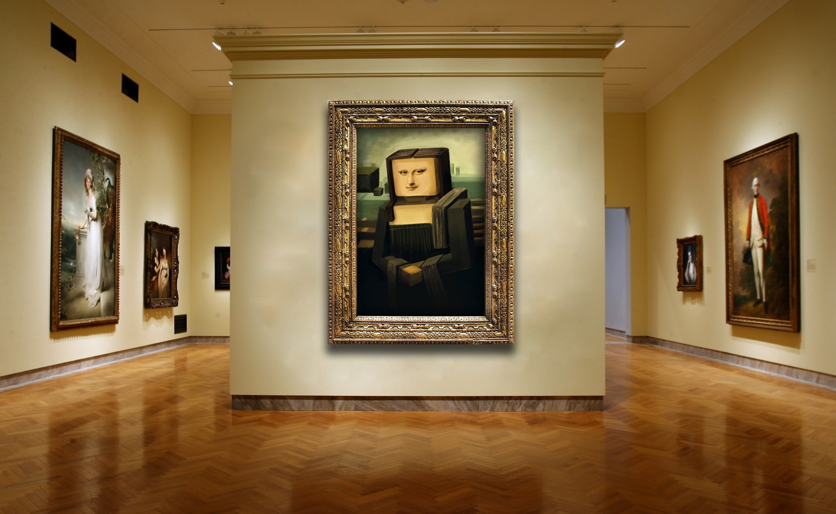 craft, paintings, paint, indoors, built structure, painting, frame, art and craft, picture frame, exhibition, monalisa, Architecture, building, 2K, representation, HD Wallpaper