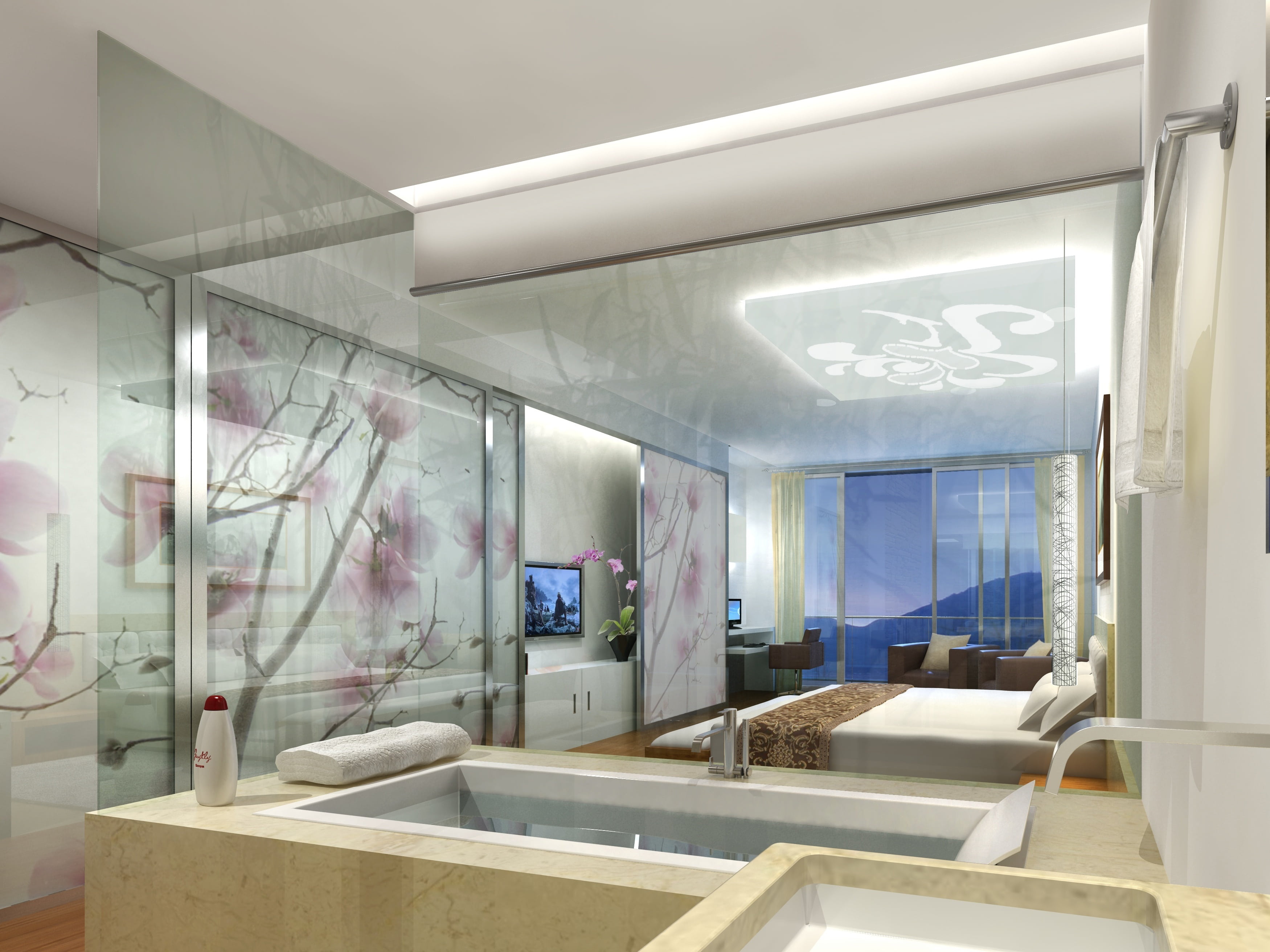 absence, design, indoors, mirror, interior, d, cgi, rendering, visualization, modern, 2K, clean, lighting equipment, bedspread, furniture, hotel, transparent, HD Wallpaper