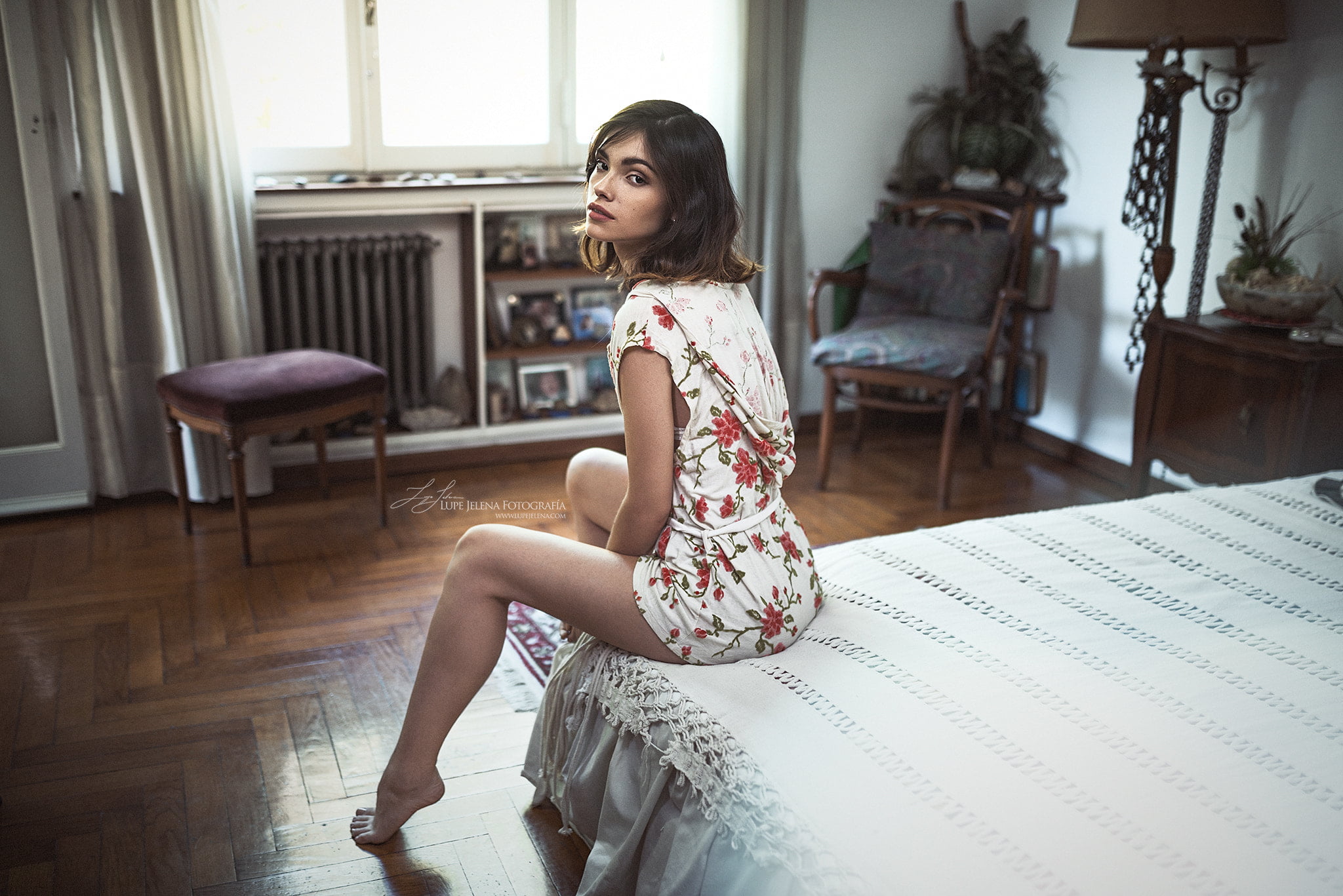 lifestyles, 1080P, beauty, women, bed, looking at viewer, adult, fashion, young adult, home interior, contemplation, beautiful woman, window, dress, room, HD Wallpaper