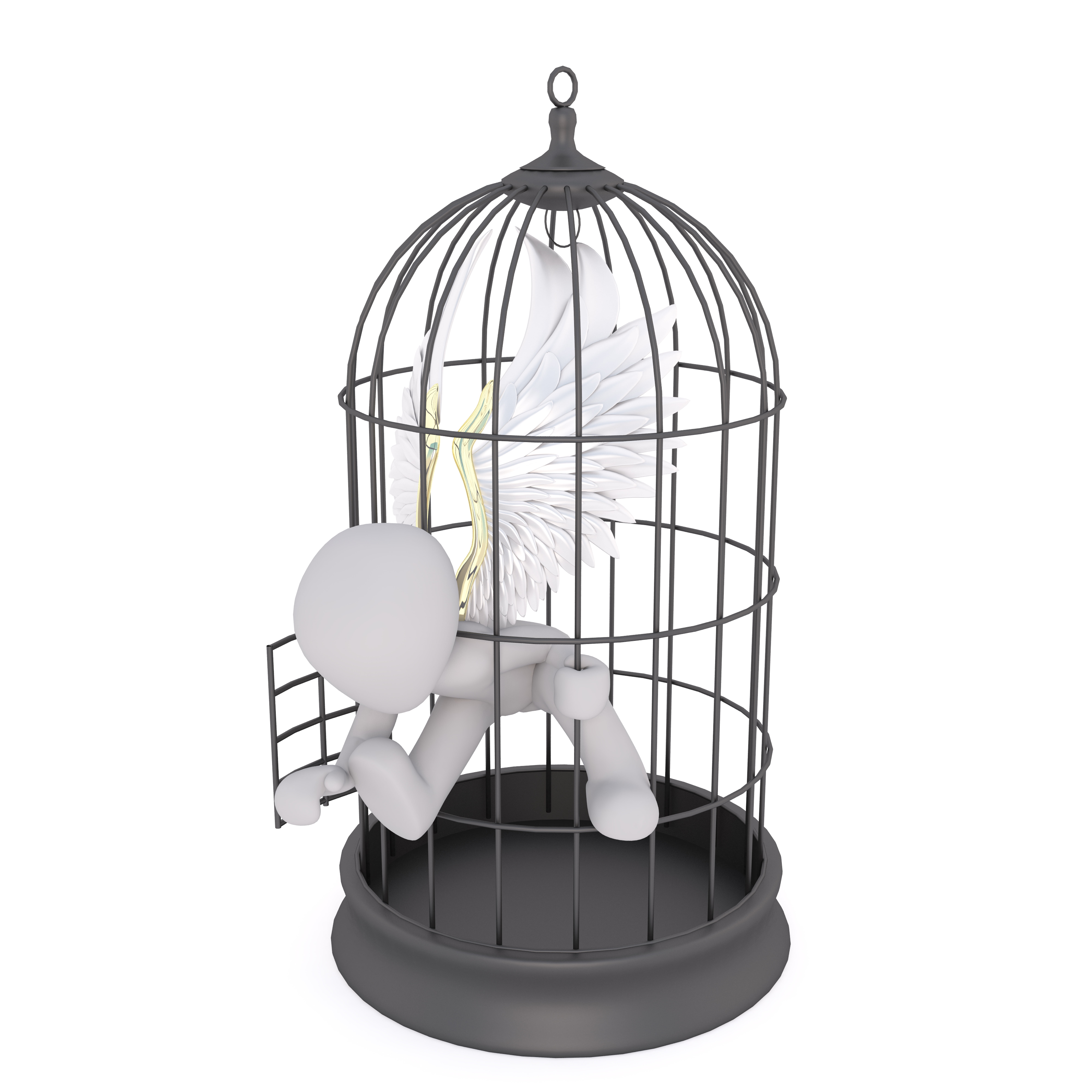 full body, close-up, males, 3d man, vertebrate, 3d, metal, cut out, cage, birdcage, indoors, model, no people, white background, studio shot, black, break out, Phone HD Wallpaper
