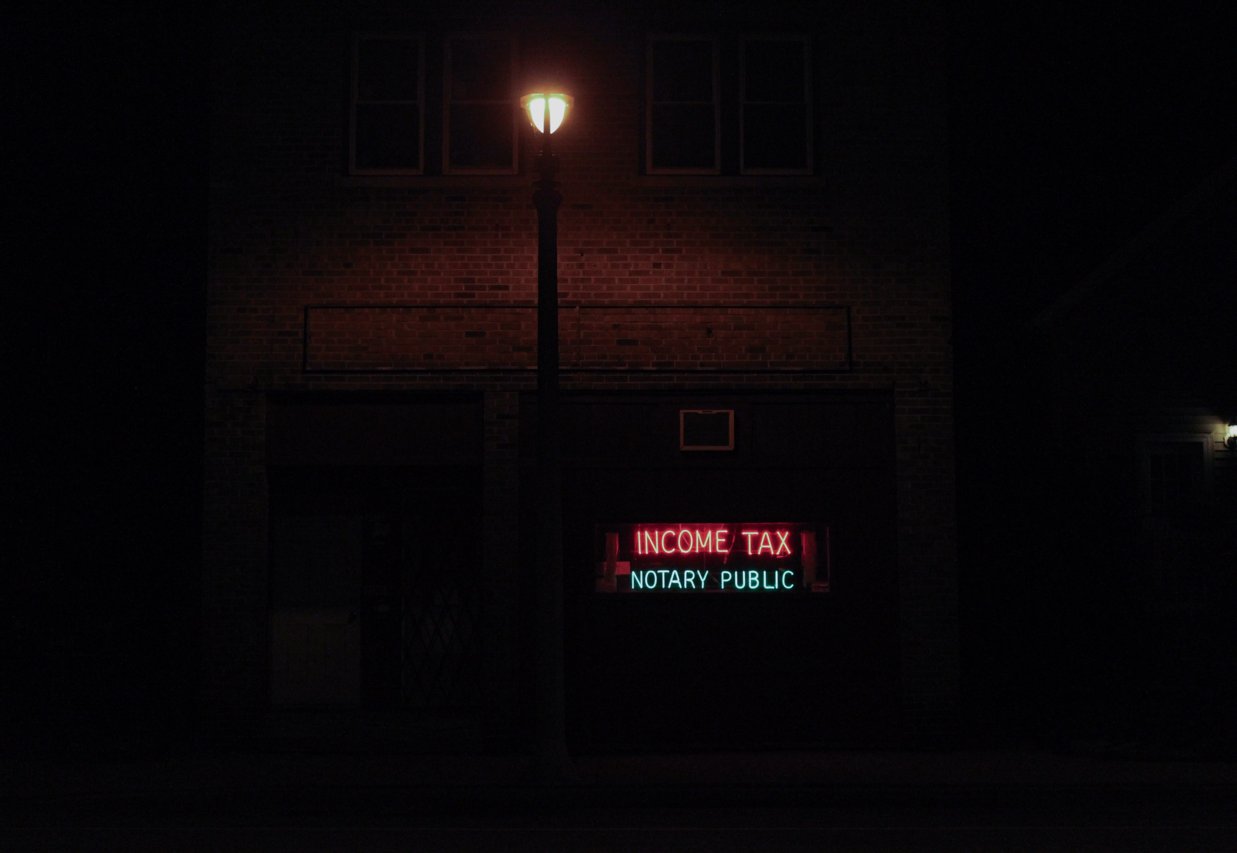 built structure, text, illuminated, dark, signage, street light, tax, brick wall, neon, red, sign, city, no people, building, building exterior, 4K, street, HD Wallpaper