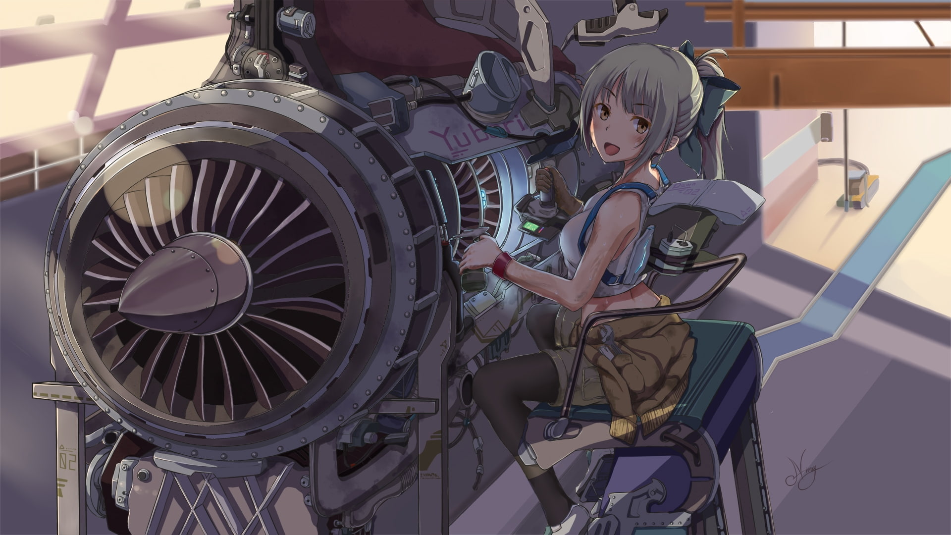 young adult, engine, smiling, adult, mechanic, anime girl, women, full length, real people, indoors, technology, casual clothing, 1080P, sitting, transportation, HD Wallpaper