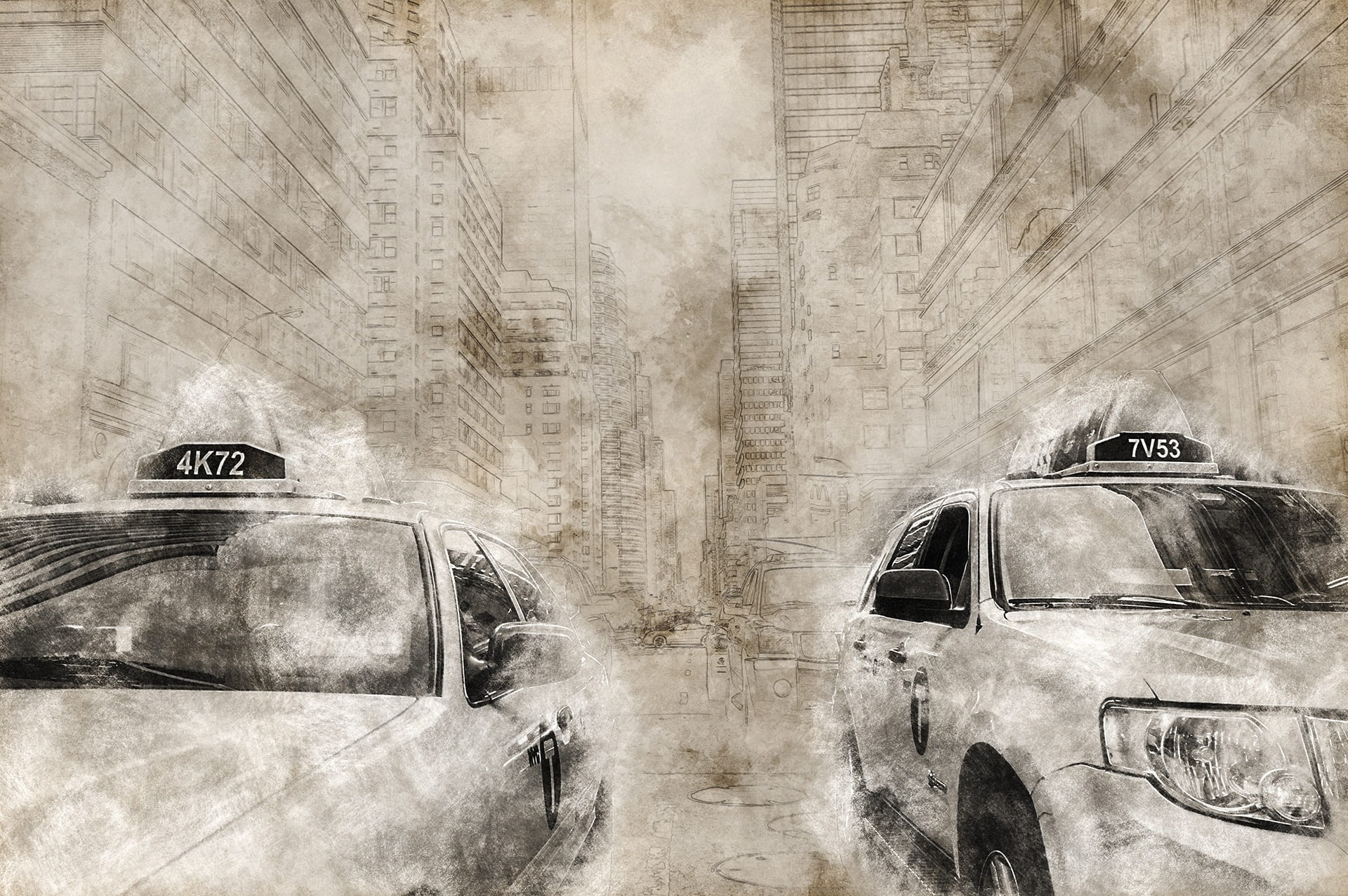 two, vintage, architecture, taxi, traffic, cars, accidents and disasters, day, machines, city, america, no people, sepia, damaged, 1080P, car, painting, HD Wallpaper