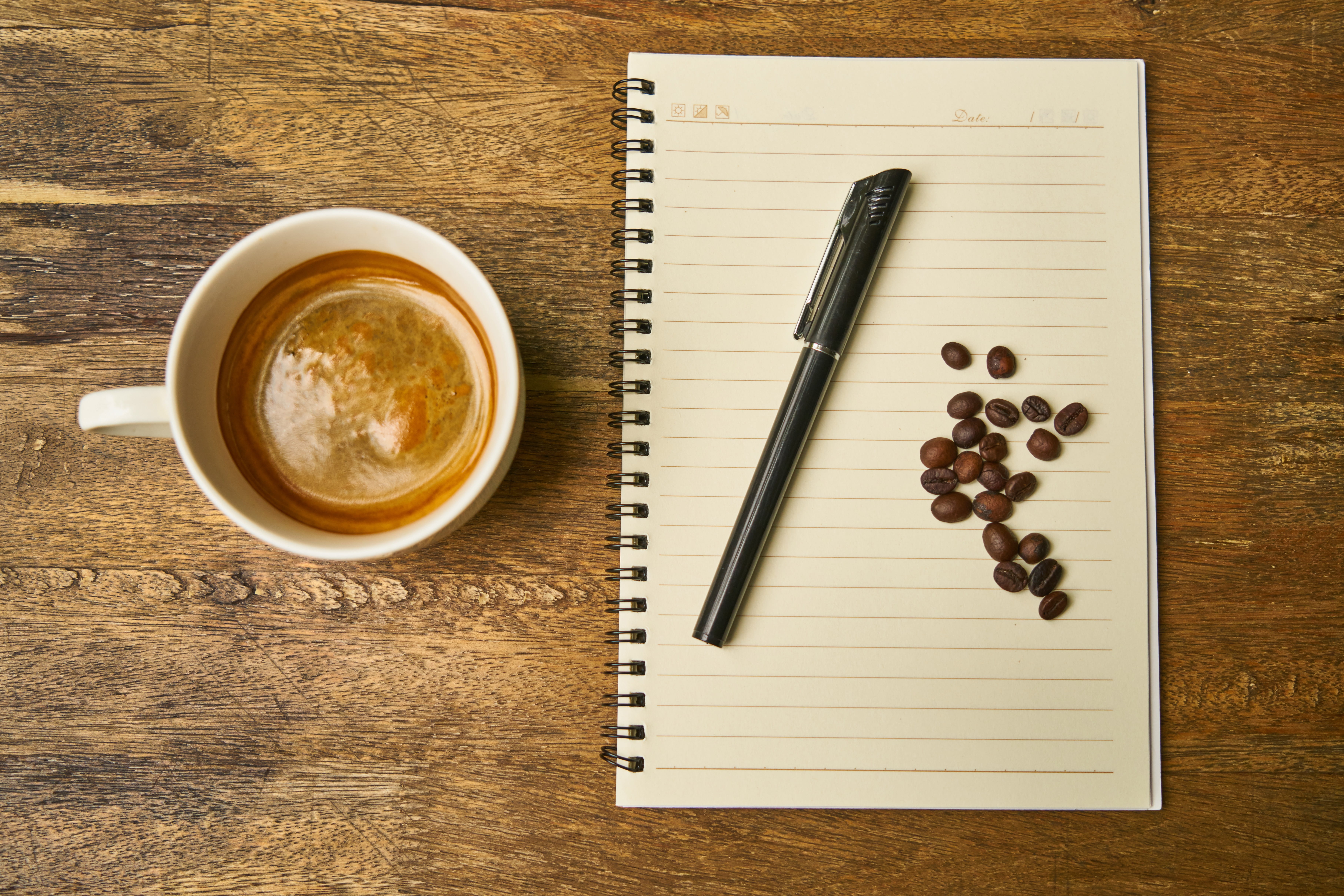 good morning, work, directly above, food and drink, espresso, table, wood, brown, close-up, food, food photo, macro, mug, indoors, spiral notebook, to write, HD Wallpaper