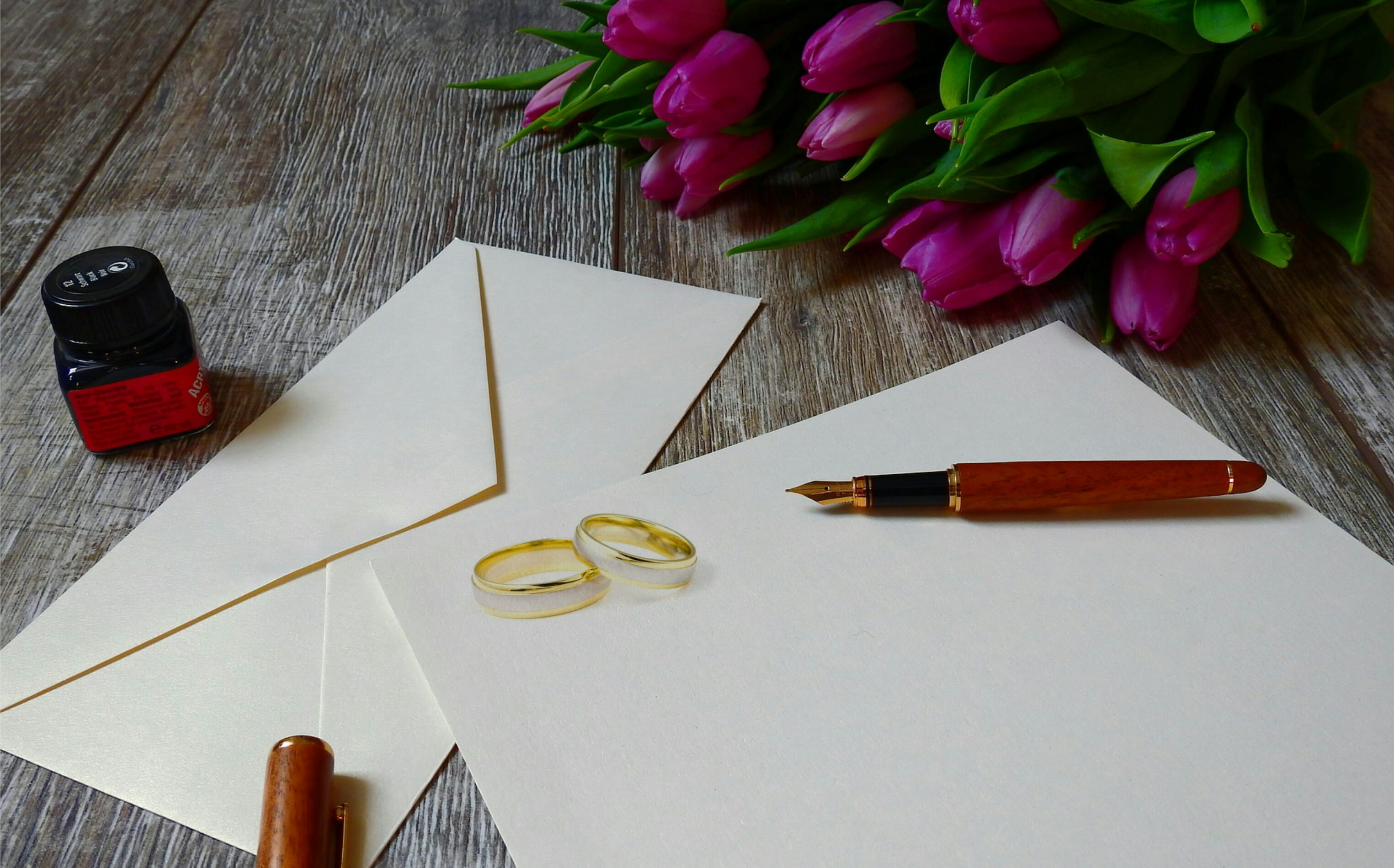 pencil, photo, art and craft, rings, gift, brush, page, wood, ballpoint, indoors, 2K, lace, no people, space, directly above, still life, wedding card, HD Wallpaper